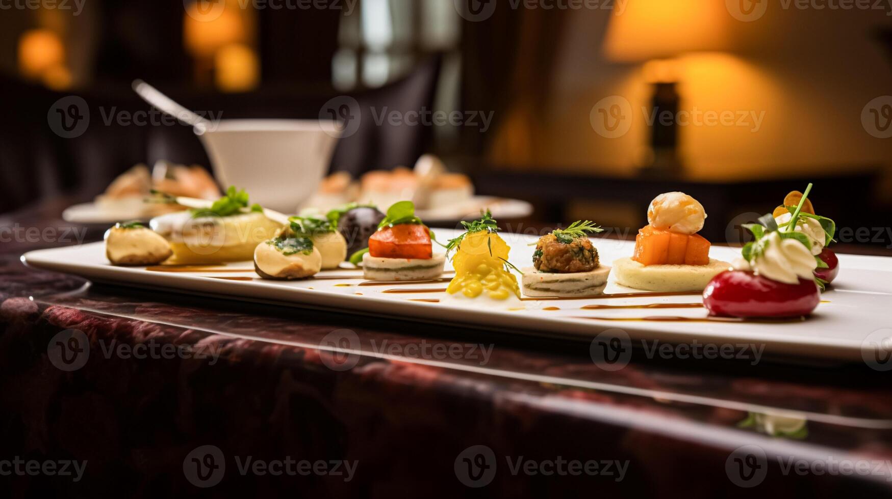 AI generated Food, hospitality and room service, starter appetisers as English countryside exquisite cuisine in hotel restaurant a la carte menu, culinary art and fine dining photo