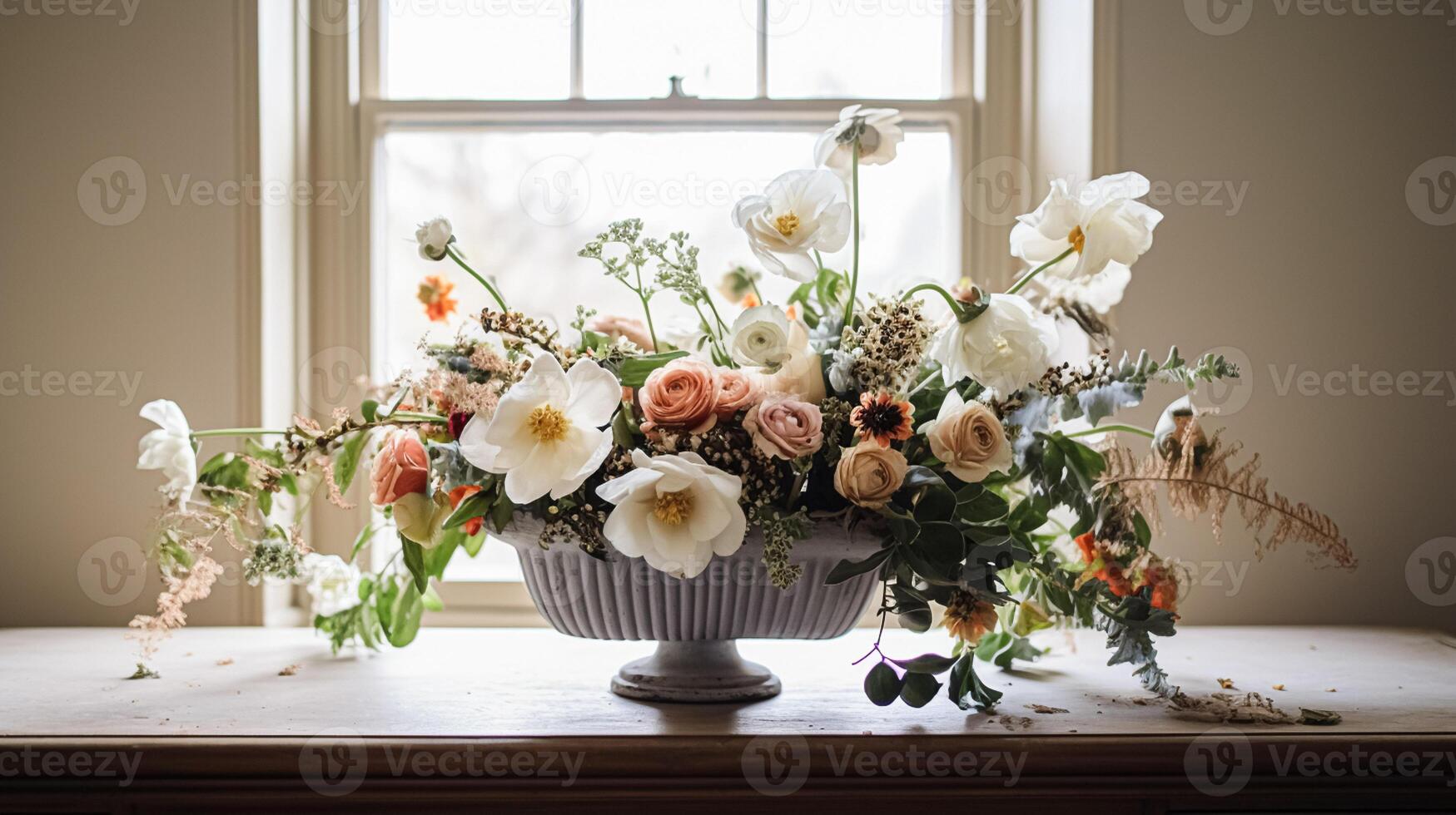 AI generated Floral arrangement with winter, autumn or early spring botanical plants and flowers photo