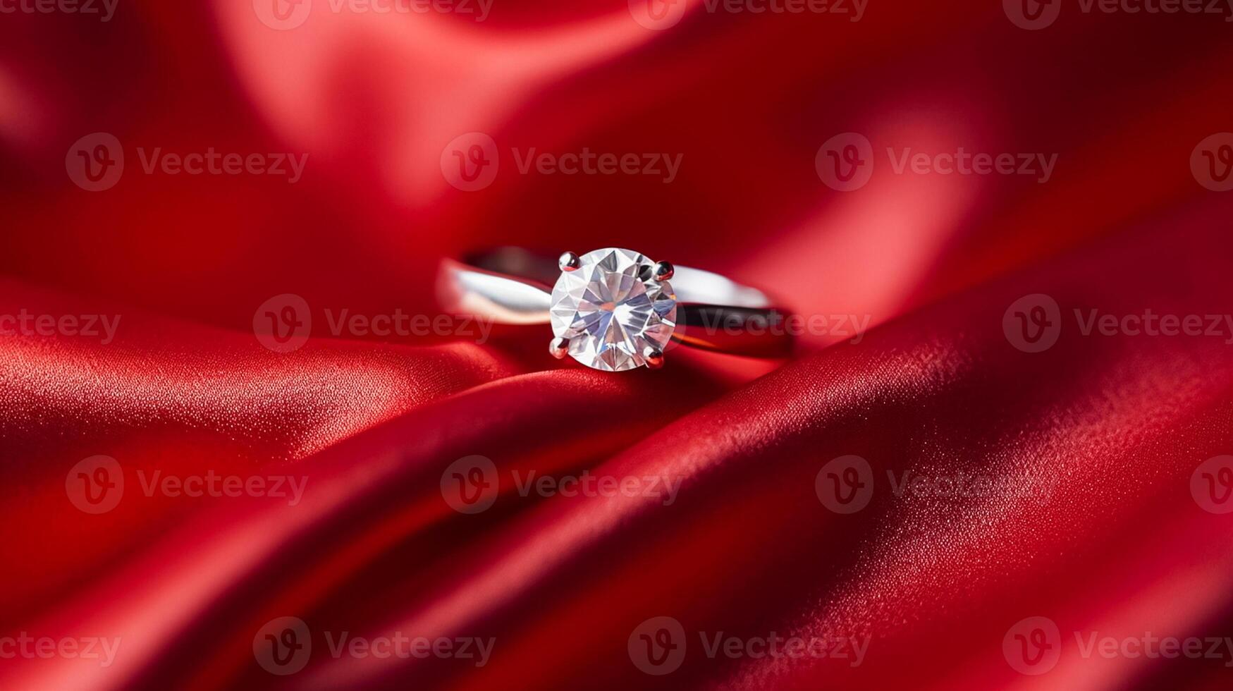 AI generated Jewellery, proposal and holiday gift, diamond engagement ring on red silk satin fabric, symbol of love, romance and commitment photo