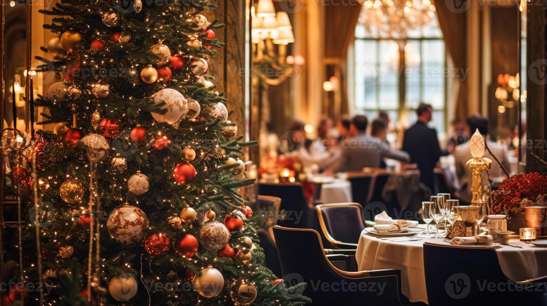 AI generated Christmas holidays and New Year celebration, dinner table and guests at a luxury English styled restaurant or hotel, Christmas tree decoration, holiday party and event invitation photo