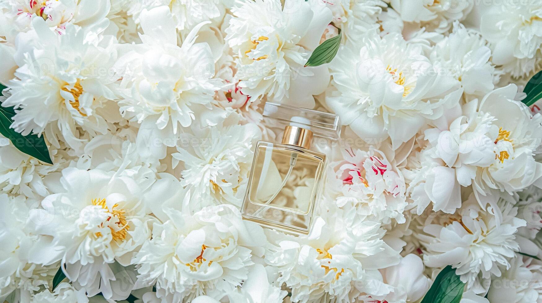 AI generated Perfume bottle in flowers, fragrance on blooming background, floral scent and cosmetic product photo