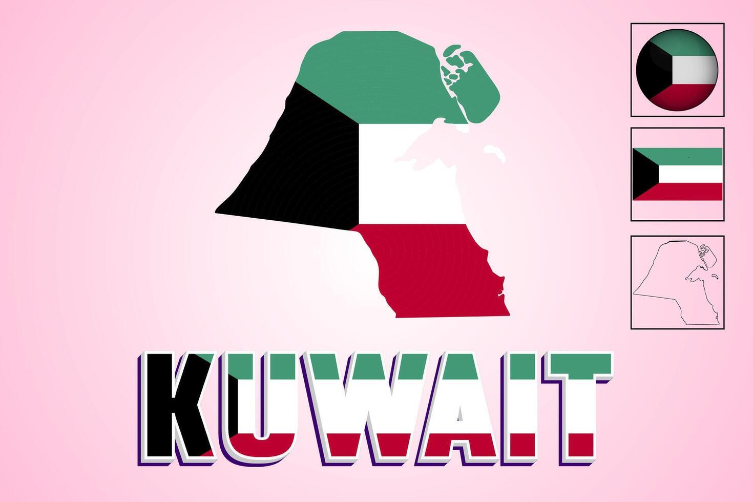 Vector illustrations of the Kuwait flag and map