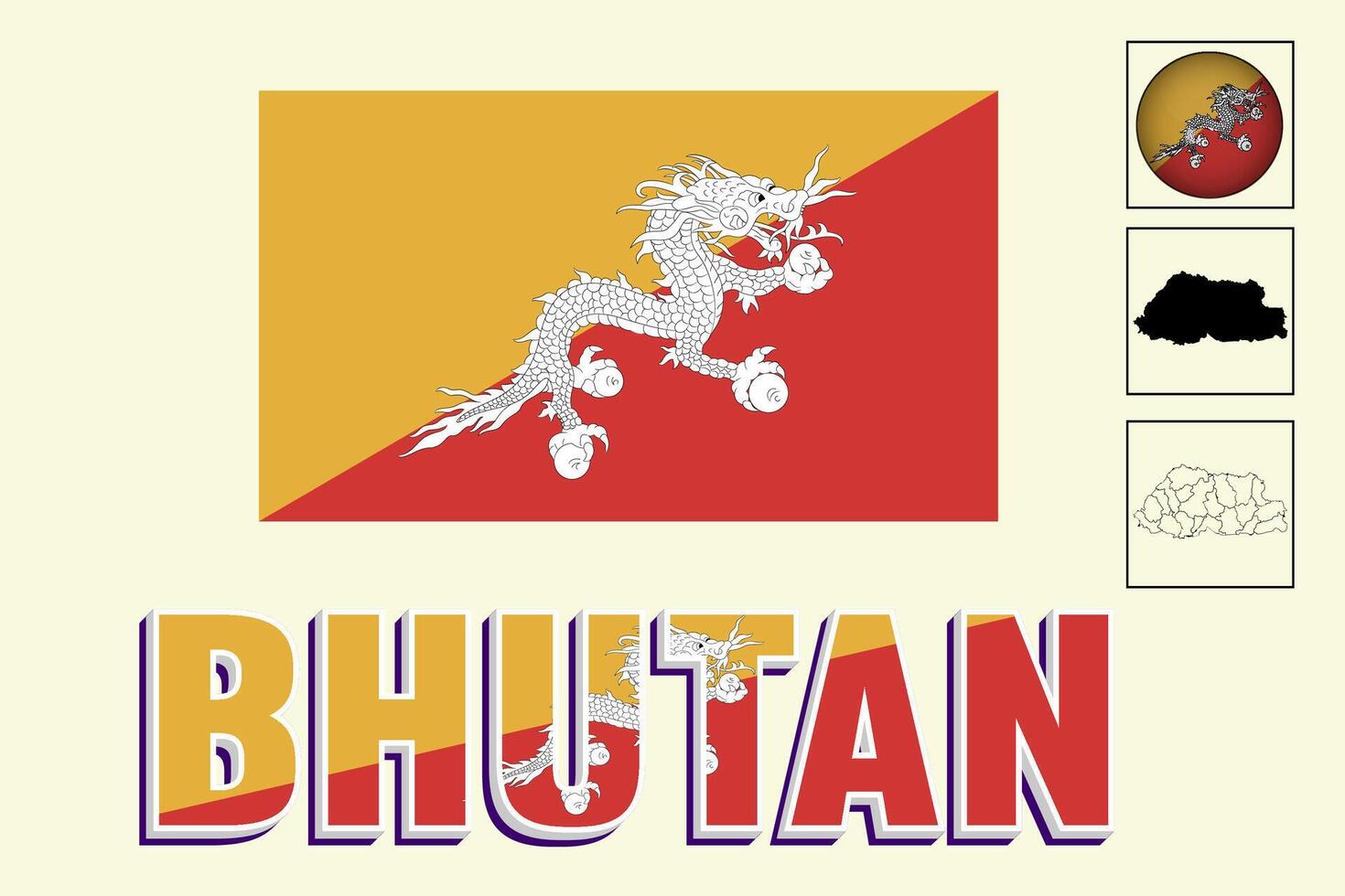 Bhutan map and Bhutan flag vector drawing