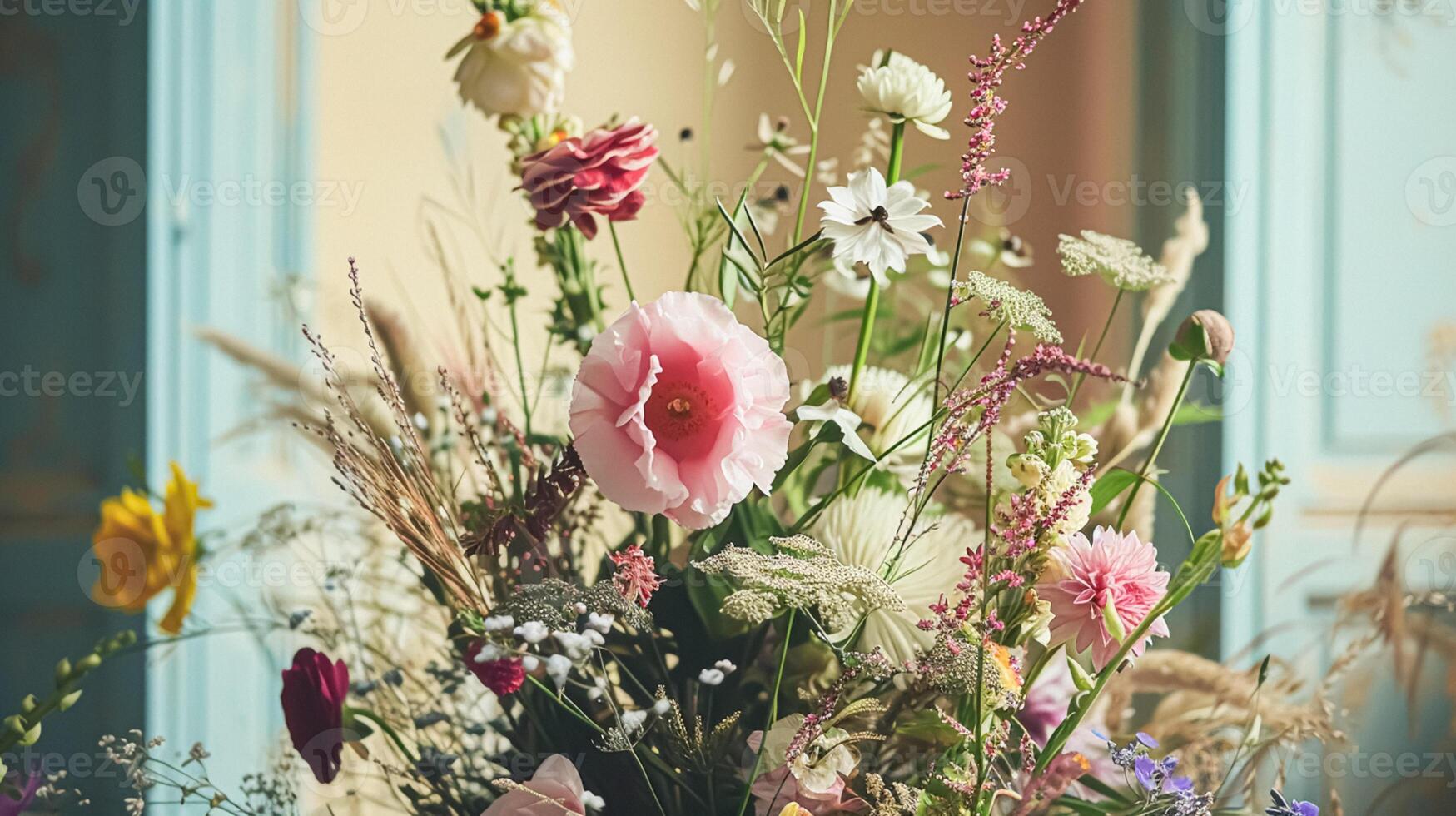 AI generated Spring flowers in vintage vase, beautiful floral arrangement, home decor, wedding and florist design photo