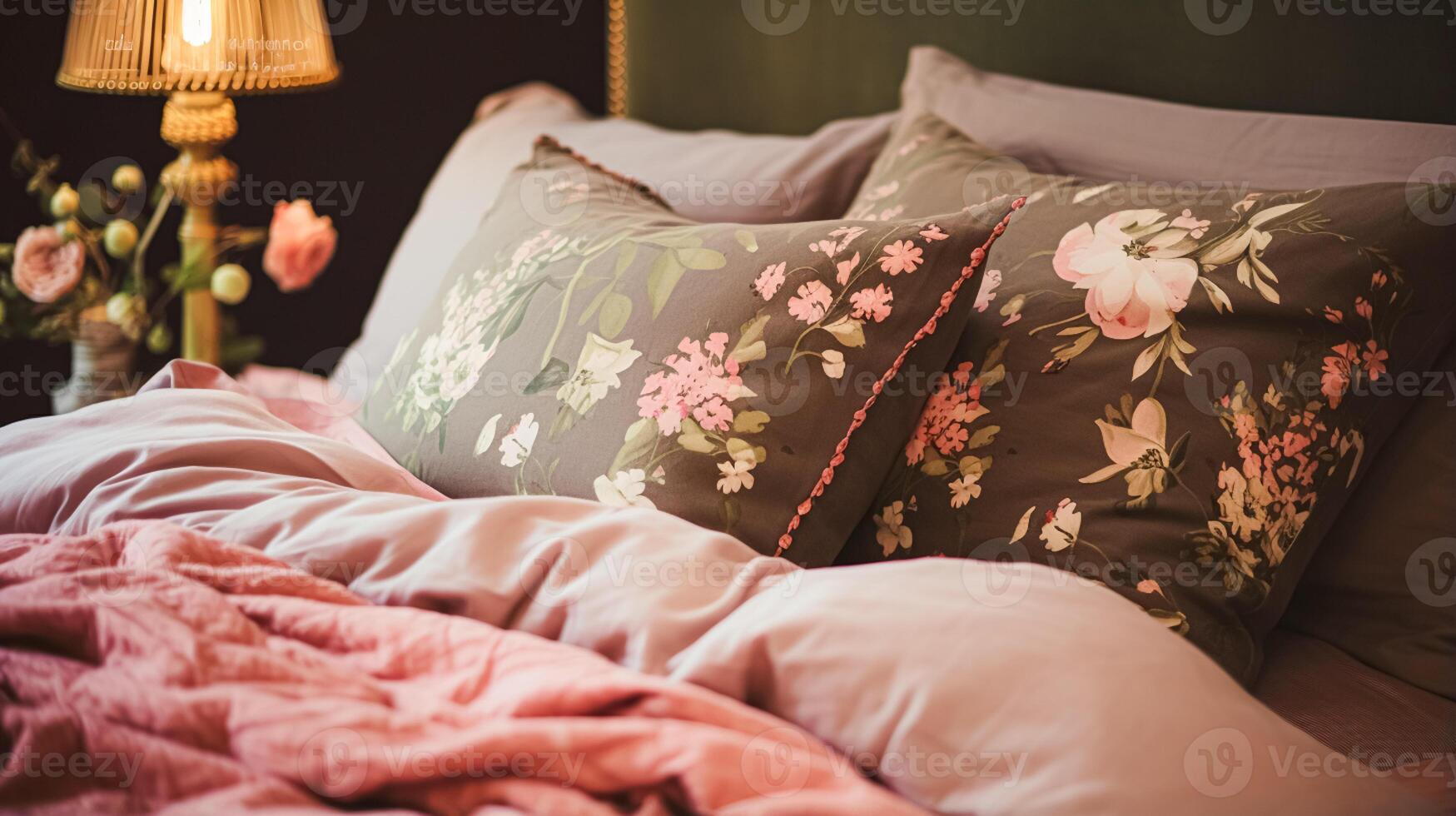 AI generated Bedroom decor, modern cottage interior design and home decor, bed linen and elegant country bedding style, lamp and flowers, English countryside house or holiday rental photo