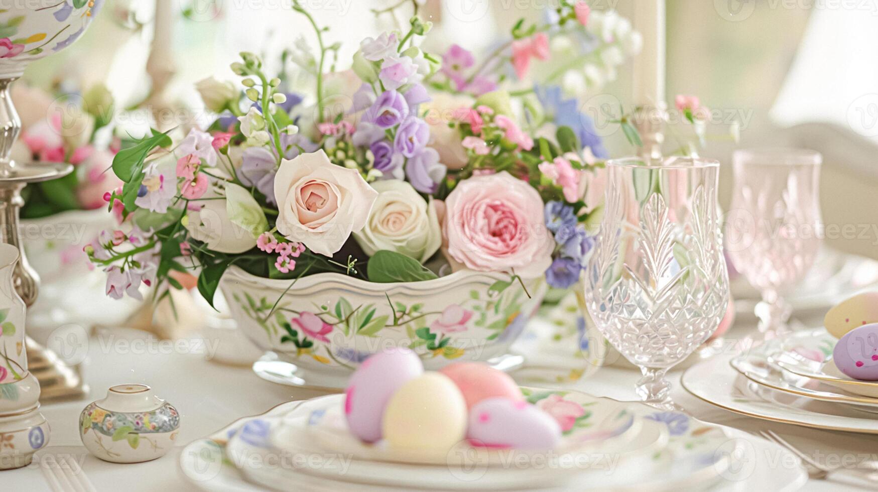 AI generated Easter tablescape decoration, floral holiday table decor for family celebration, spring flowers, Easter eggs, Easter bunny and vintage dinnerware, English country and home styling photo