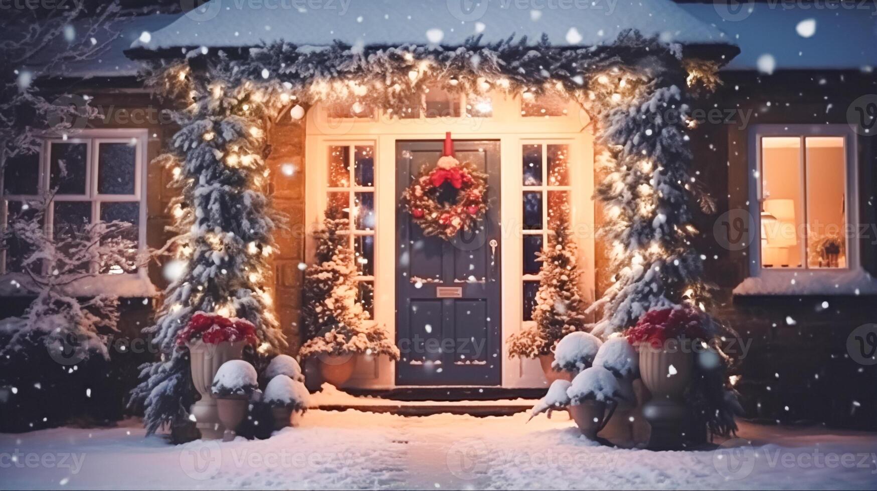 AI generated Christmas in the countryside manor, English country house mansion decorated for holidays on a snowy winter evening with snow and holiday lights, Merry Christmas and Happy Holidays photo