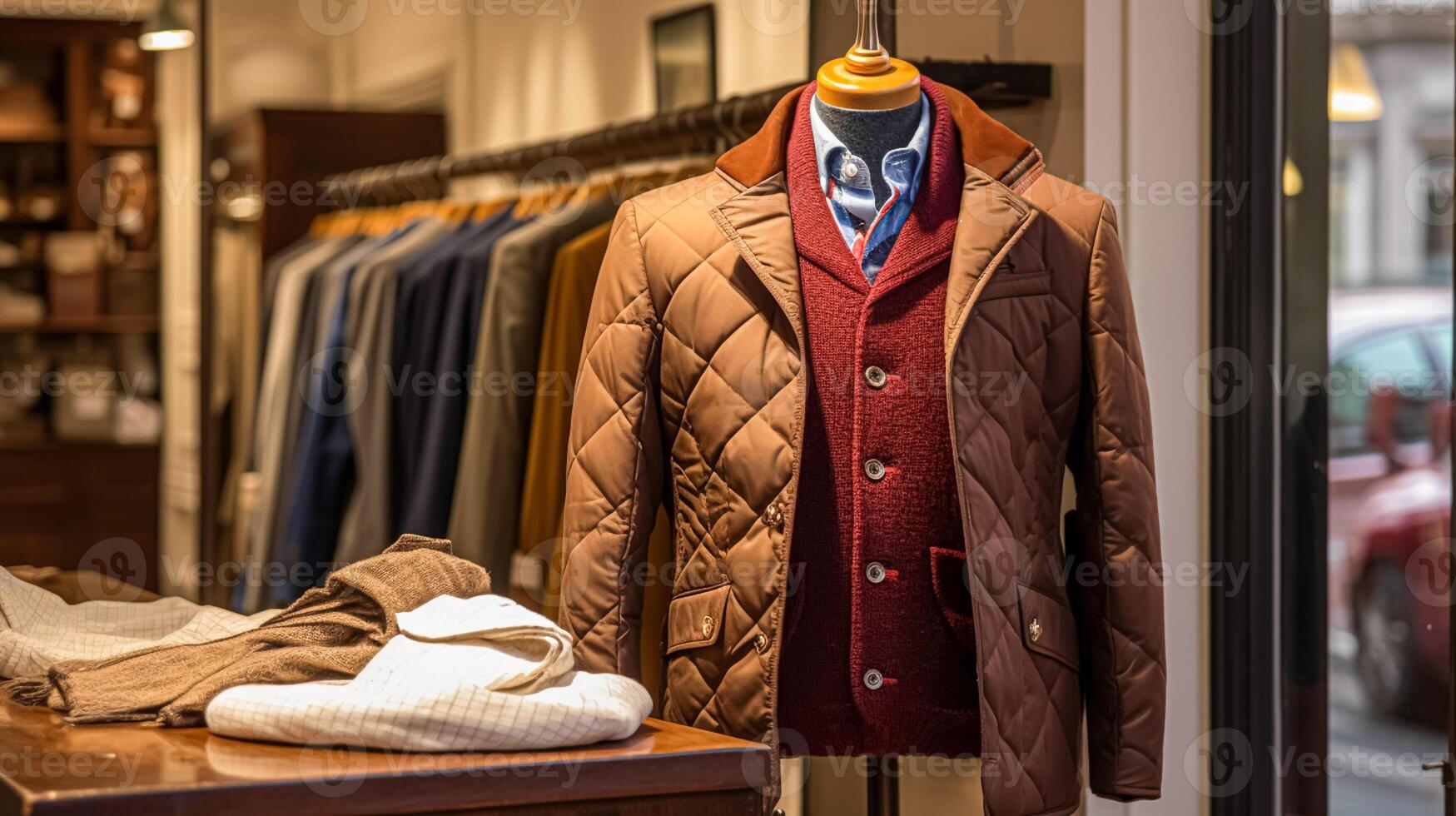 AI generated Menswear store in English countryside style, autumn winter clothing collection photo