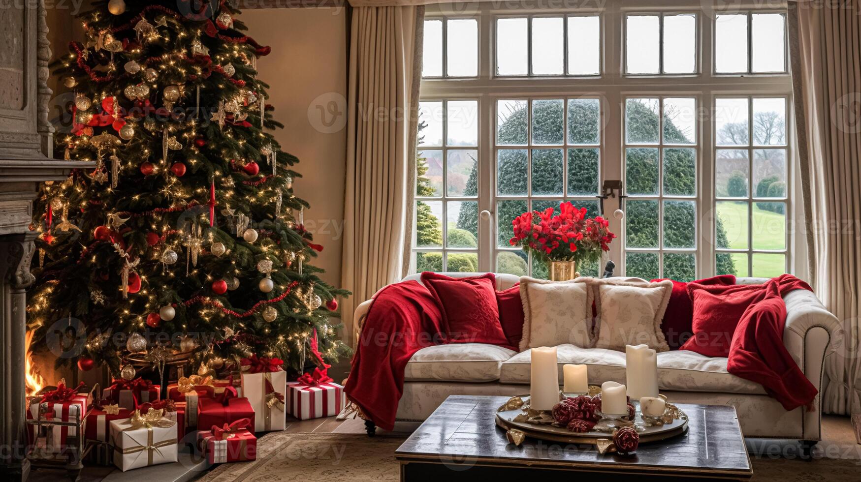 AI generated Christmas at the manor, English countryside decoration and interior decor photo