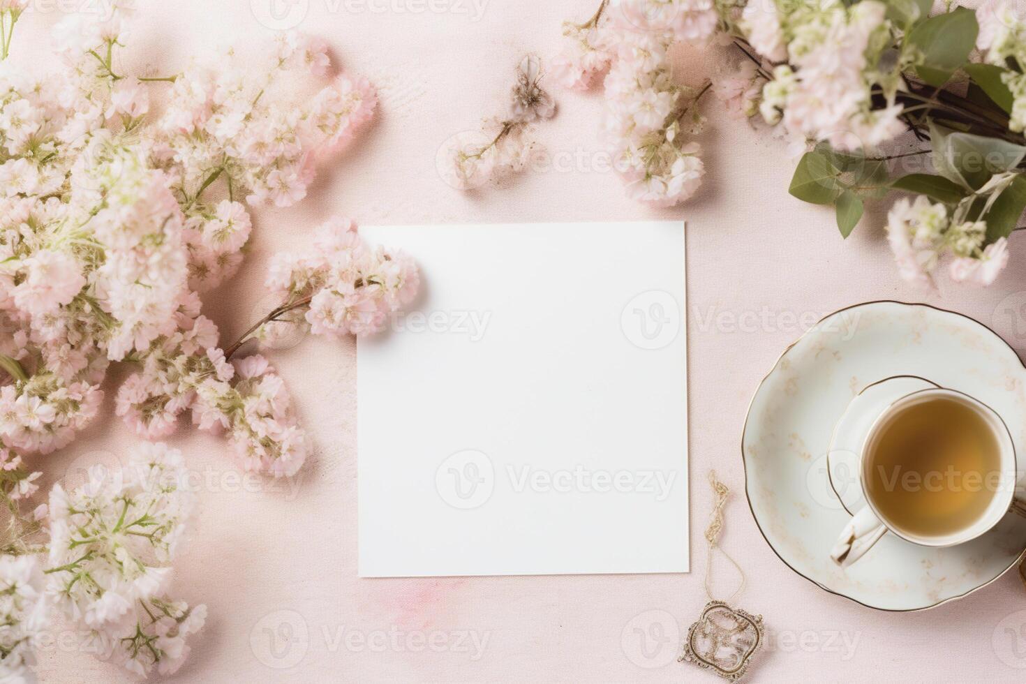 AI generated Blank paper and flowers on country background for printable art, paper, stationery and greeting card mockup photo