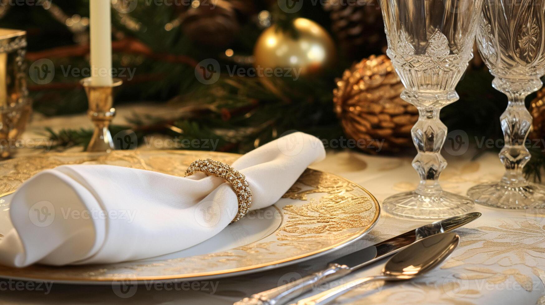 ai generado mesa decoración, fiesta paisaje de mesa y formal cena mesa ajuste para Navidad, Días festivos y evento celebracion, Inglés país decoración y hogar peinado foto