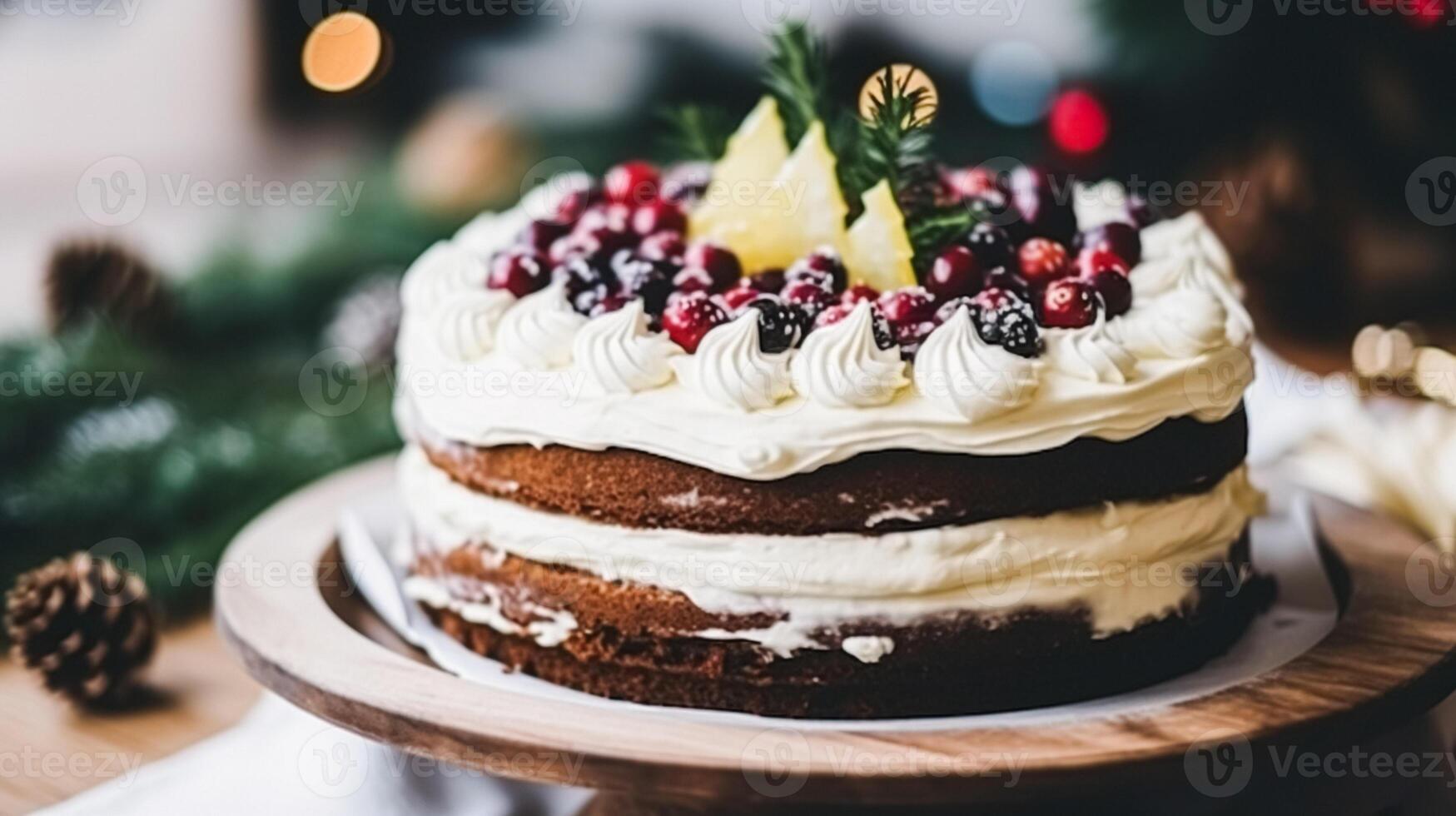 AI generated Christmas cake, holiday recipe and home baking, pudding with creamy icing for cosy winter holidays tea in the English country cottage, homemade food and cooking photo