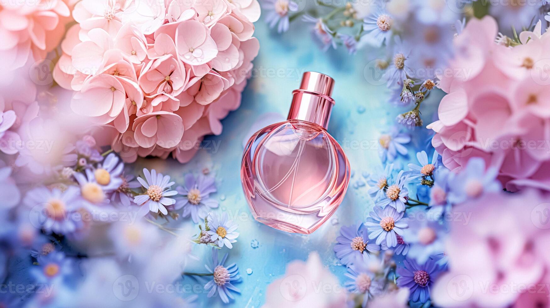 AI generated Perfume bottle in flowers, fragrance on blooming background, floral scent and cosmetic product photo