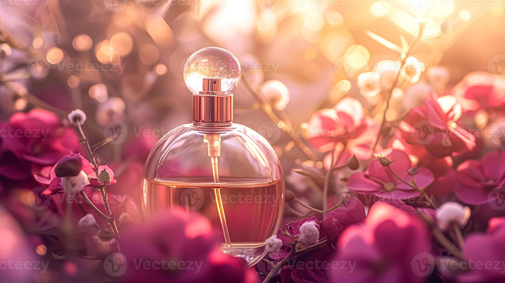 AI generated Perfume bottle in flowers, fragrance on blooming background, floral scent and cosmetic product photo