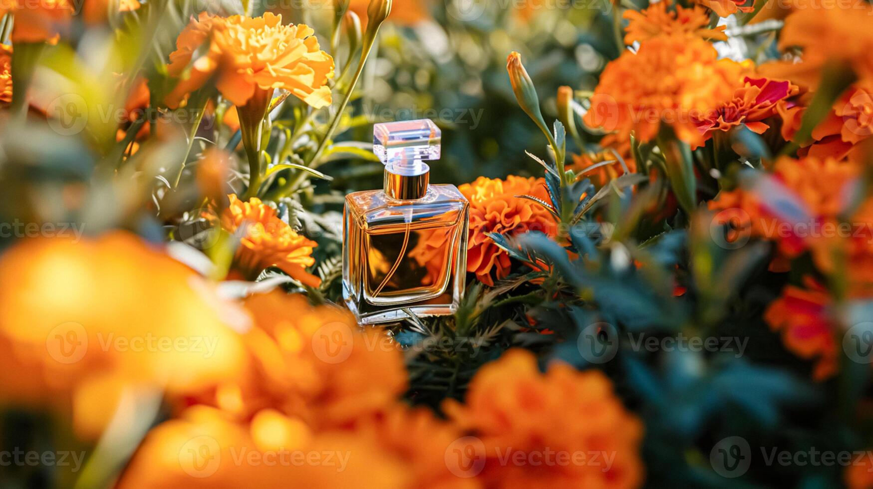 ai generado perfume botella en flores, fragancia en floreciente fondo, floral olor y cosmético producto foto