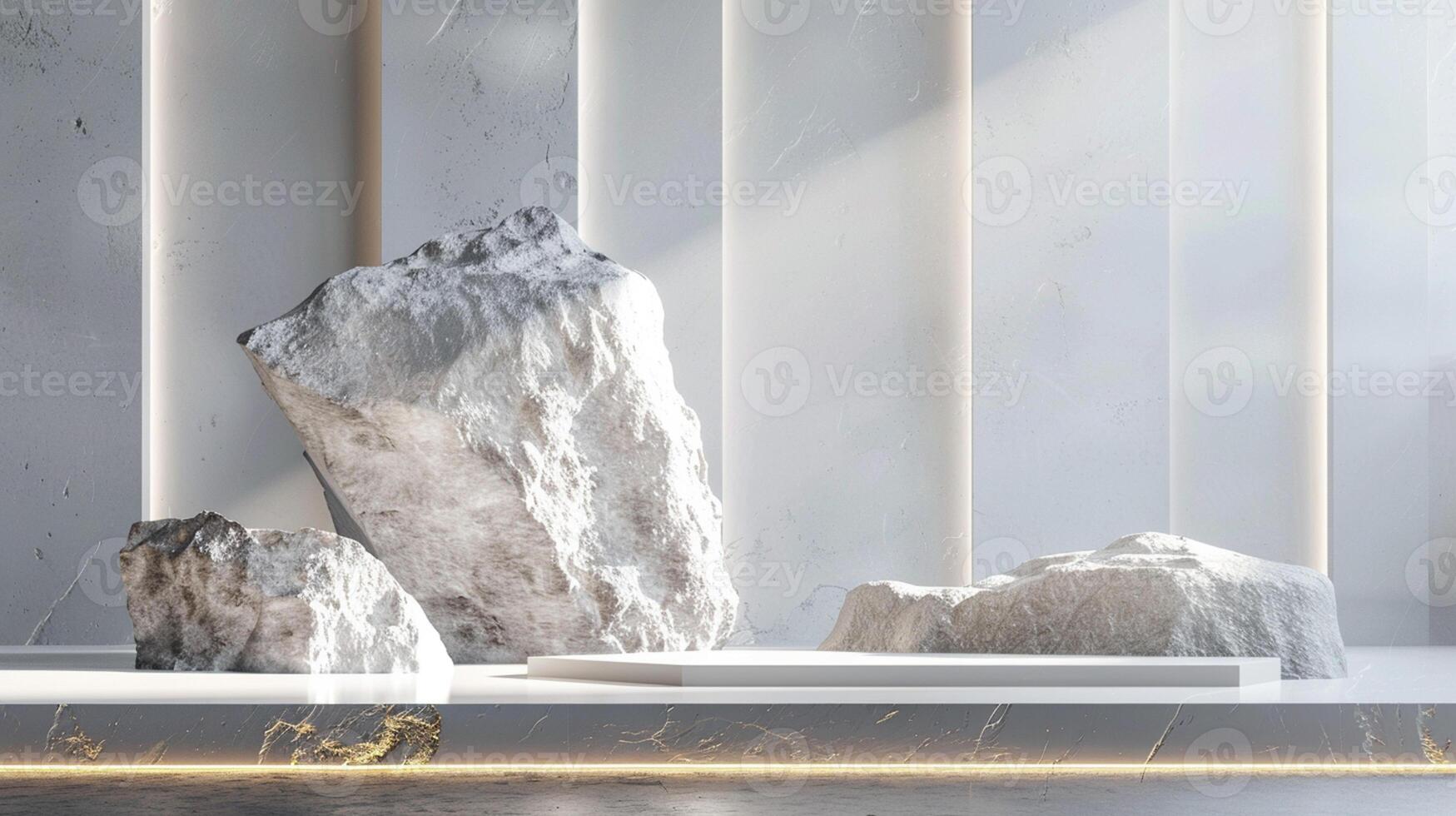 AI generated A white and gold of a nature marble platform surrounded by rocks. The background is geometric Stone and Rock shape, minimalist mockup for podium display showcase, studio room photo