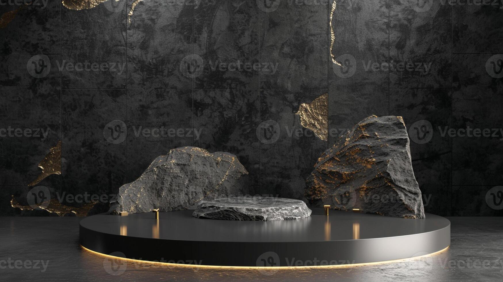 AI generated A black and gold of a nature marble platform surrounded by rocks. The background is geometric Stone and Rock shape, minimalist mockup for podium display showcase, studio room photo