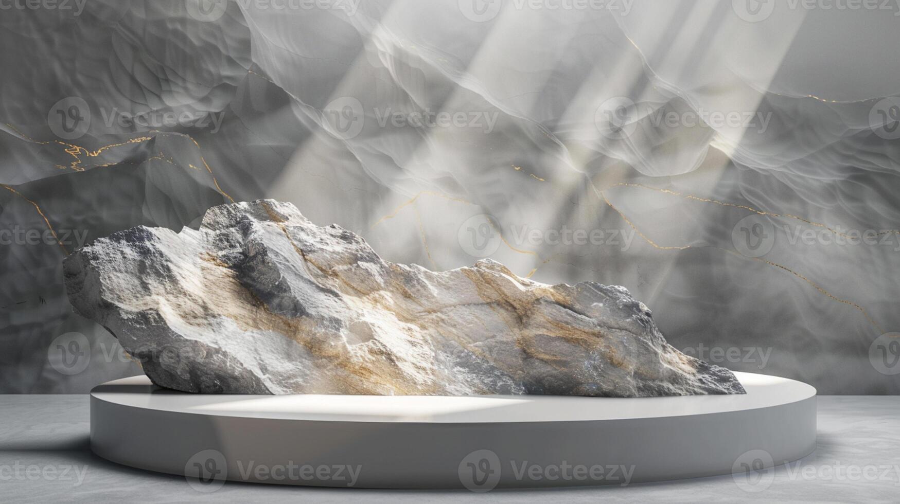AI generated A white and gold of a nature marble platform surrounded by rocks. The background is geometric Stone and Rock shape, minimalist mockup for podium display showcase, studio room photo