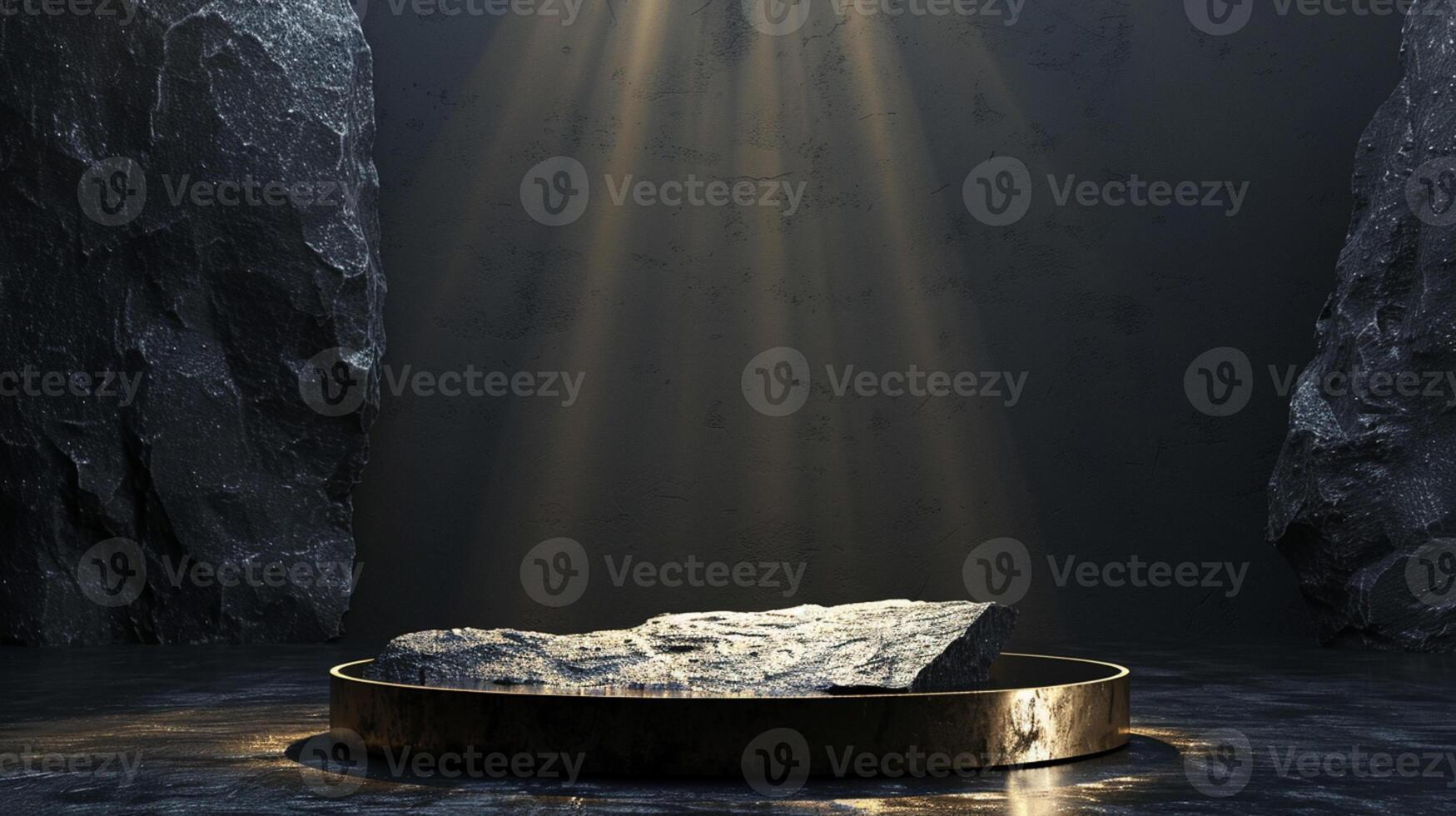 AI generated A black and gold of a nature marble platform surrounded by rocks. The background is geometric Stone and Rock shape, minimalist mockup for podium display showcase, studio room photo