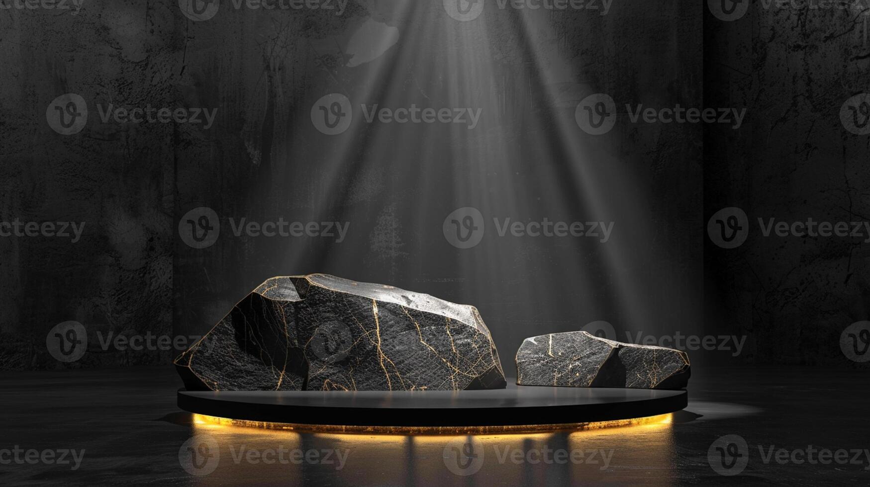 AI generated A black and gold of a nature marble platform surrounded by rocks. The background is geometric Stone and Rock shape, minimalist mockup for podium display showcase, studio room photo