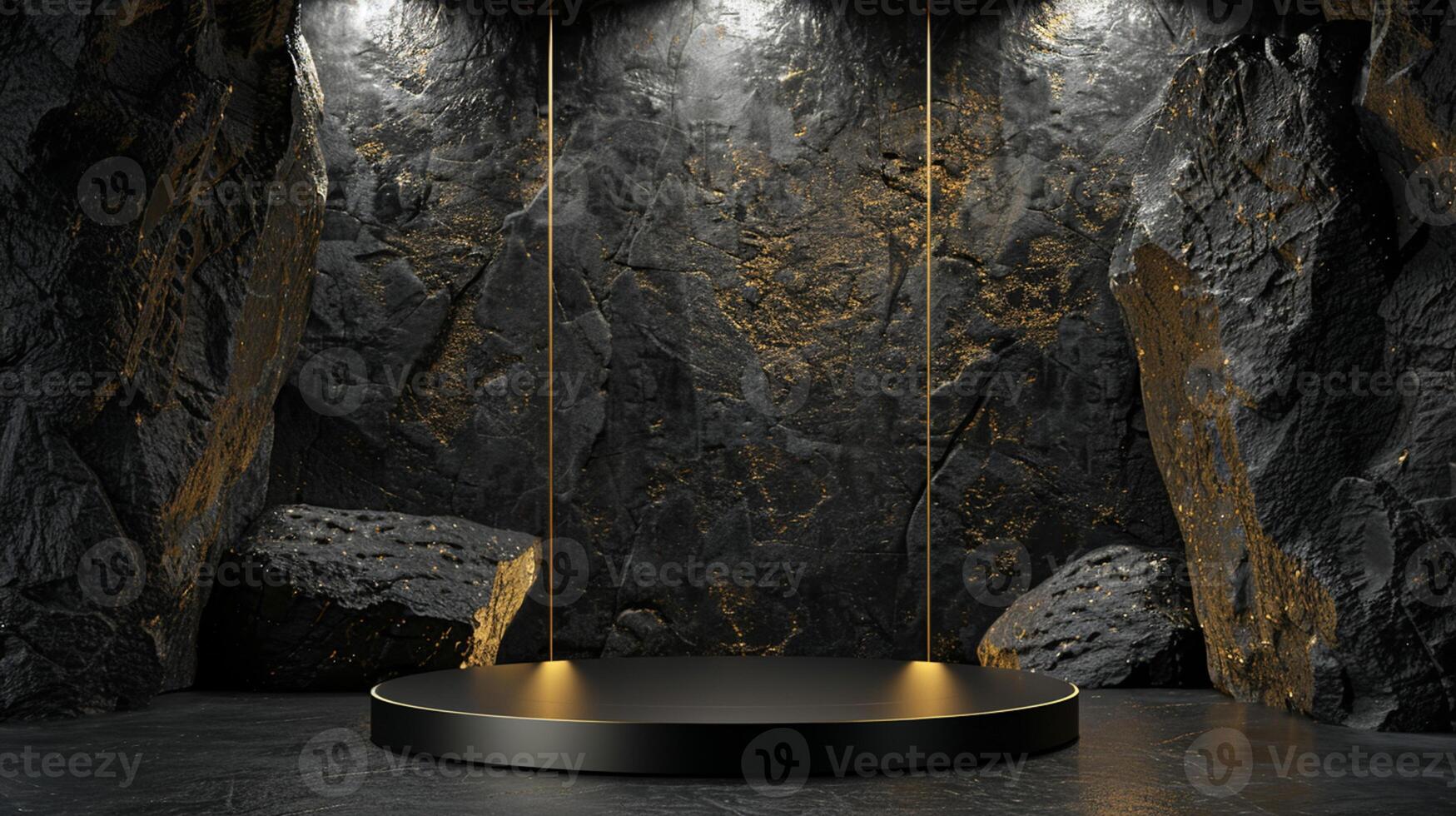 AI generated A black and gold of a nature marble platform surrounded by rocks. The background is geometric Stone and Rock shape, minimalist mockup for podium display showcase, studio room photo