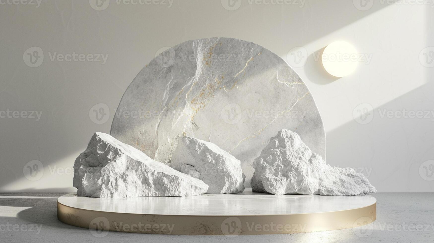 AI generated A white and gold of a nature marble platform surrounded by rocks. The background is geometric Stone and Rock shape, minimalist mockup for podium display showcase, studio room photo