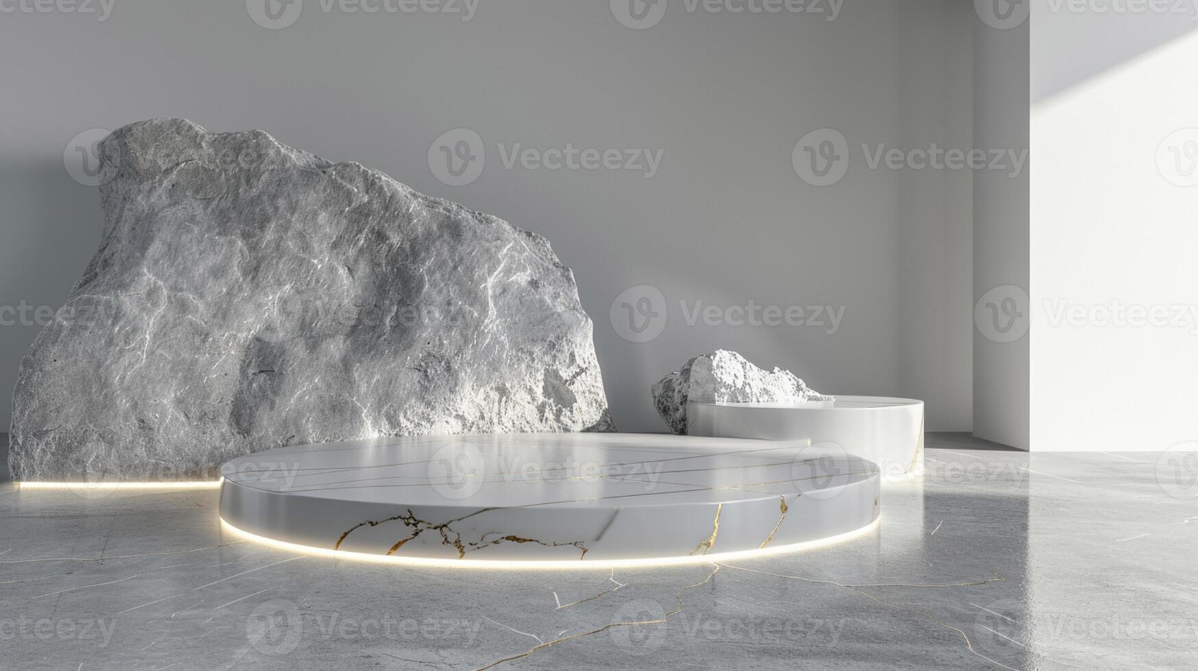 AI generated A white and gold of a nature marble platform surrounded by rocks. The background is geometric Stone and Rock shape, minimalist mockup for podium display showcase, studio room photo