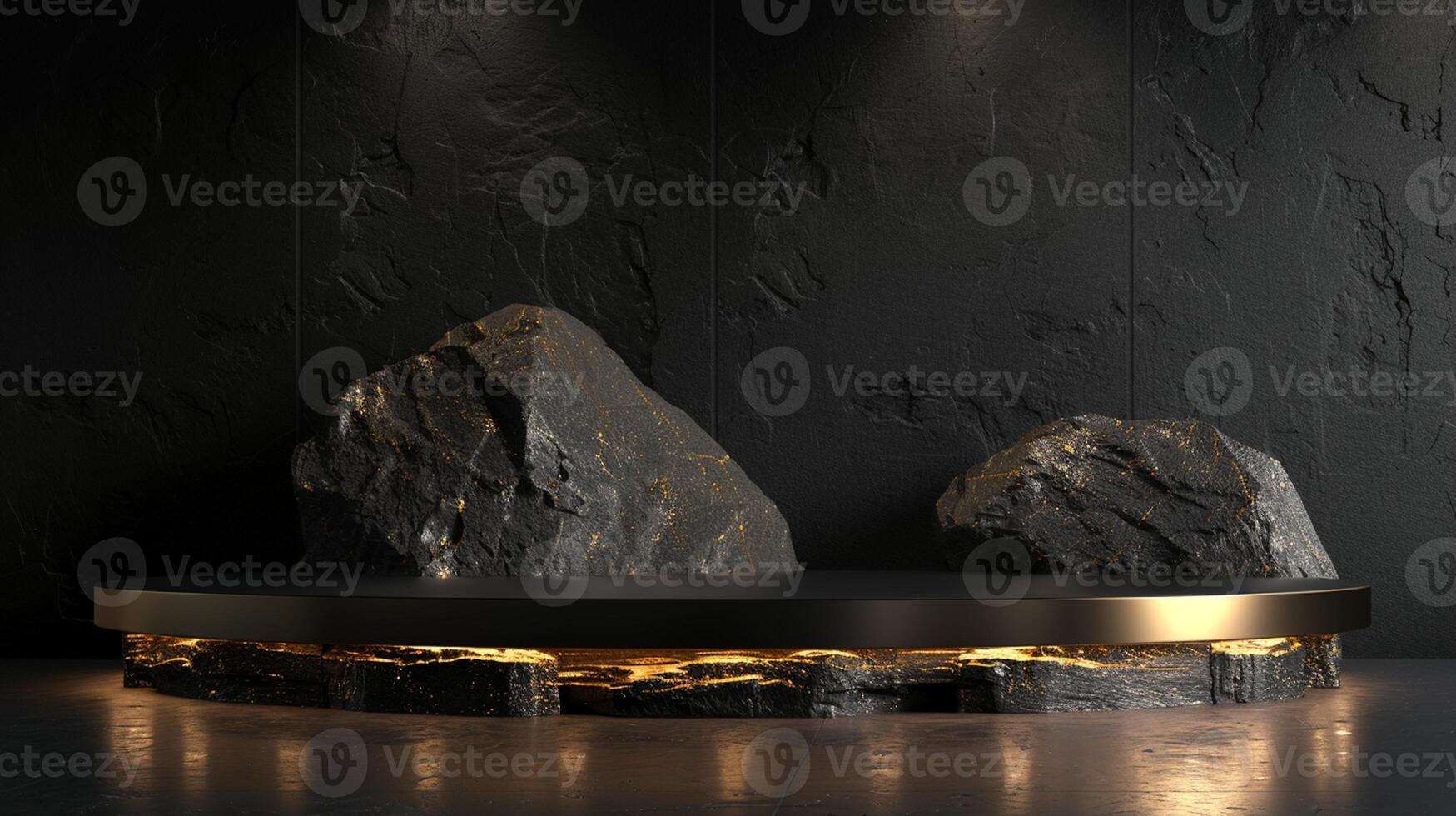 AI generated A black and gold of a nature marble platform surrounded by rocks. The background is geometric Stone and Rock shape, minimalist mockup for podium display showcase, studio room photo