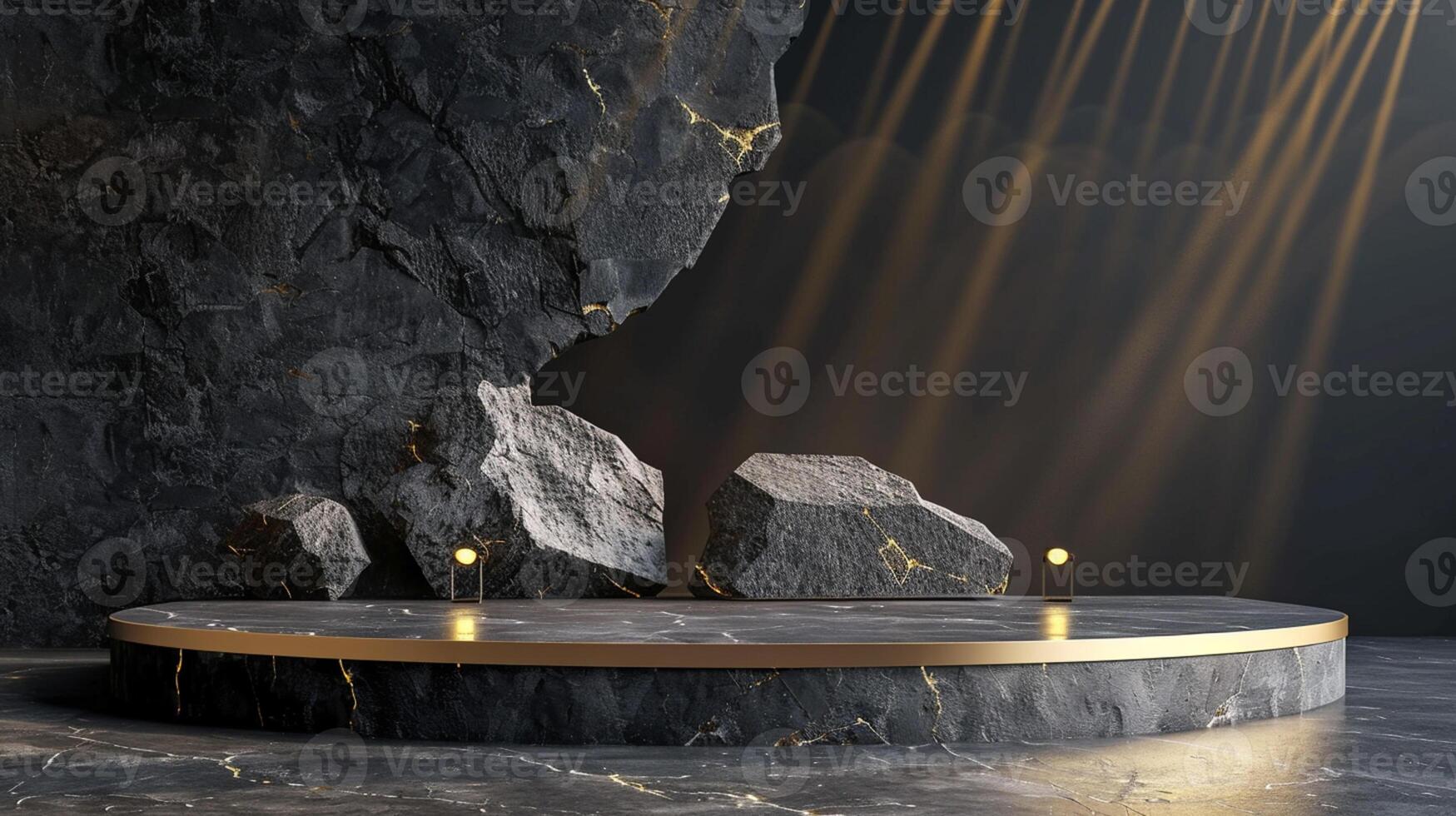 AI generated A black and gold of a nature marble platform surrounded by rocks. The background is geometric Stone and Rock shape, minimalist mockup for podium display showcase, studio room photo