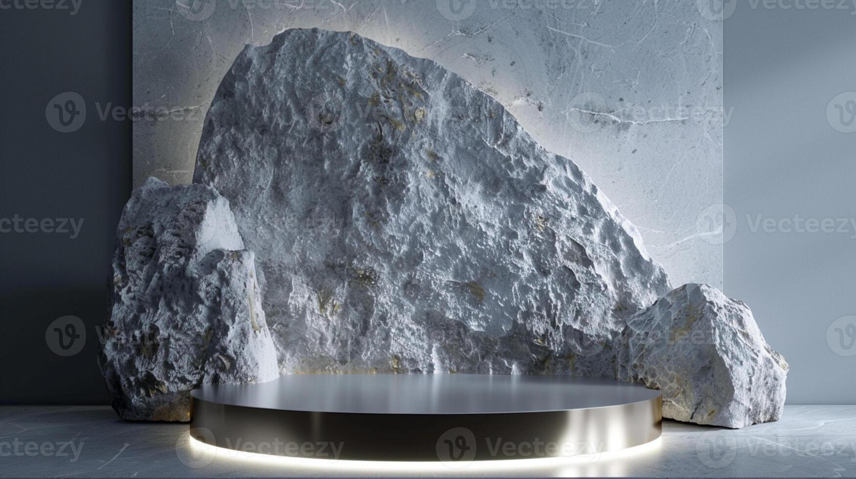 AI generated A white and gold of a nature marble platform surrounded by rocks. The background is geometric Stone and Rock shape, minimalist mockup for podium display showcase, studio room photo
