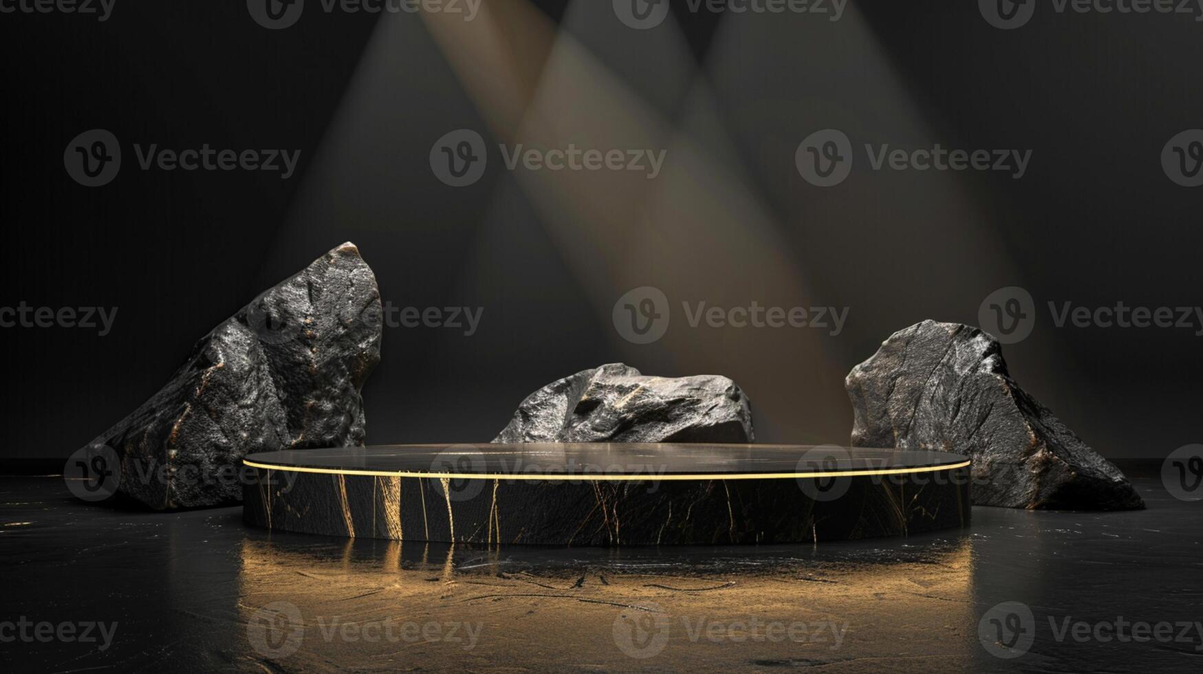 AI generated A black and gold of a nature marble platform surrounded by rocks. The background is geometric Stone and Rock shape, minimalist mockup for podium display showcase, studio room photo