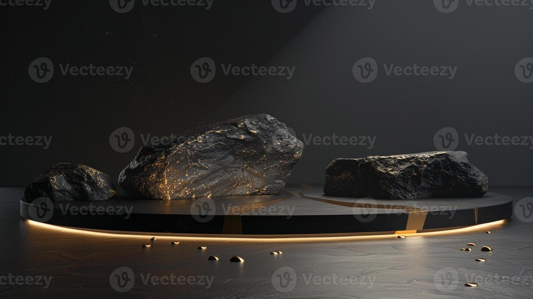 AI generated A black and gold of a nature marble platform surrounded by rocks. The background is geometric Stone and Rock shape, minimalist mockup for podium display showcase, studio room photo