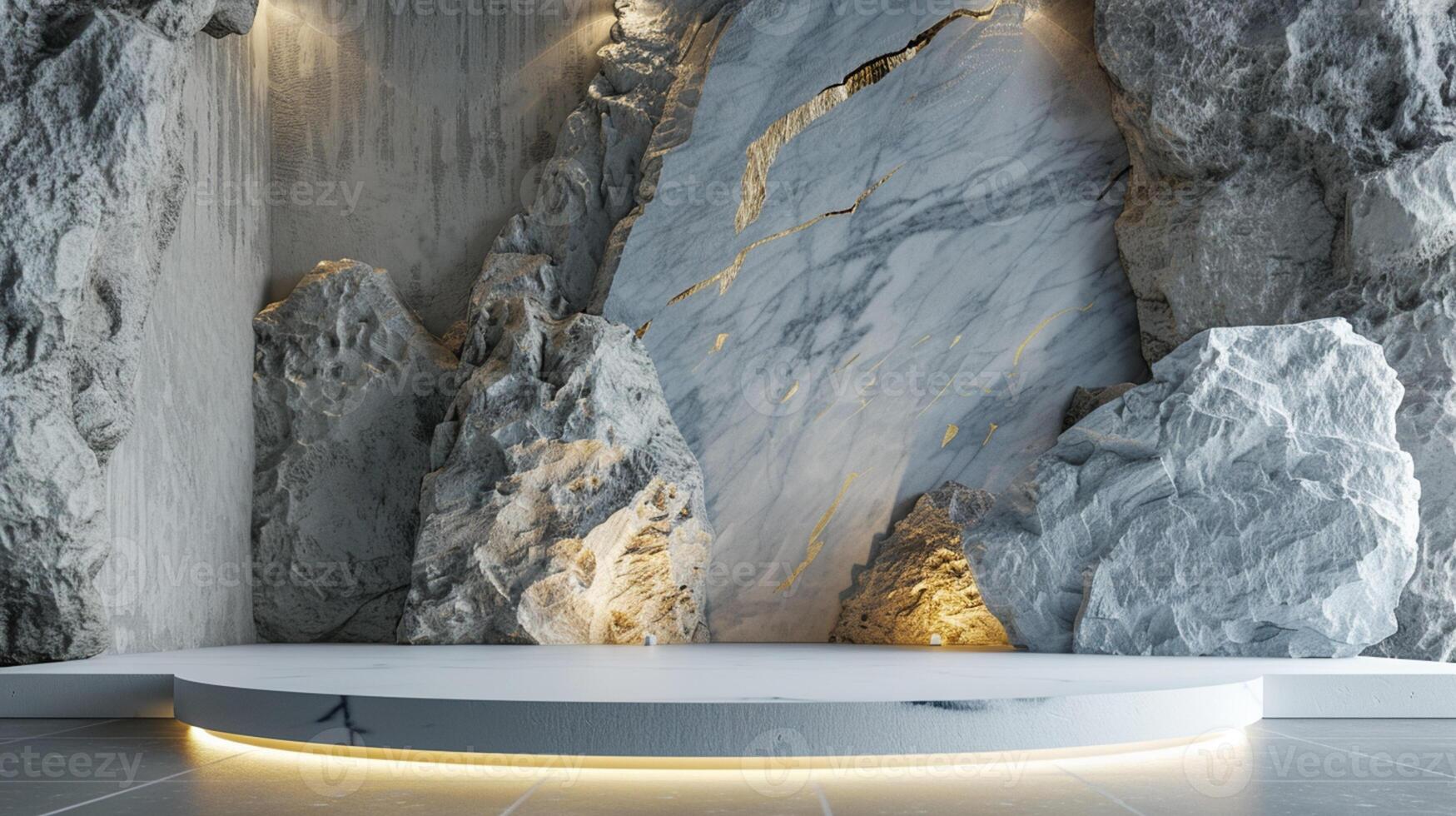 AI generated A white and gold of a nature marble platform surrounded by rocks. The background is geometric Stone and Rock shape, minimalist mockup for podium display showcase, studio room photo
