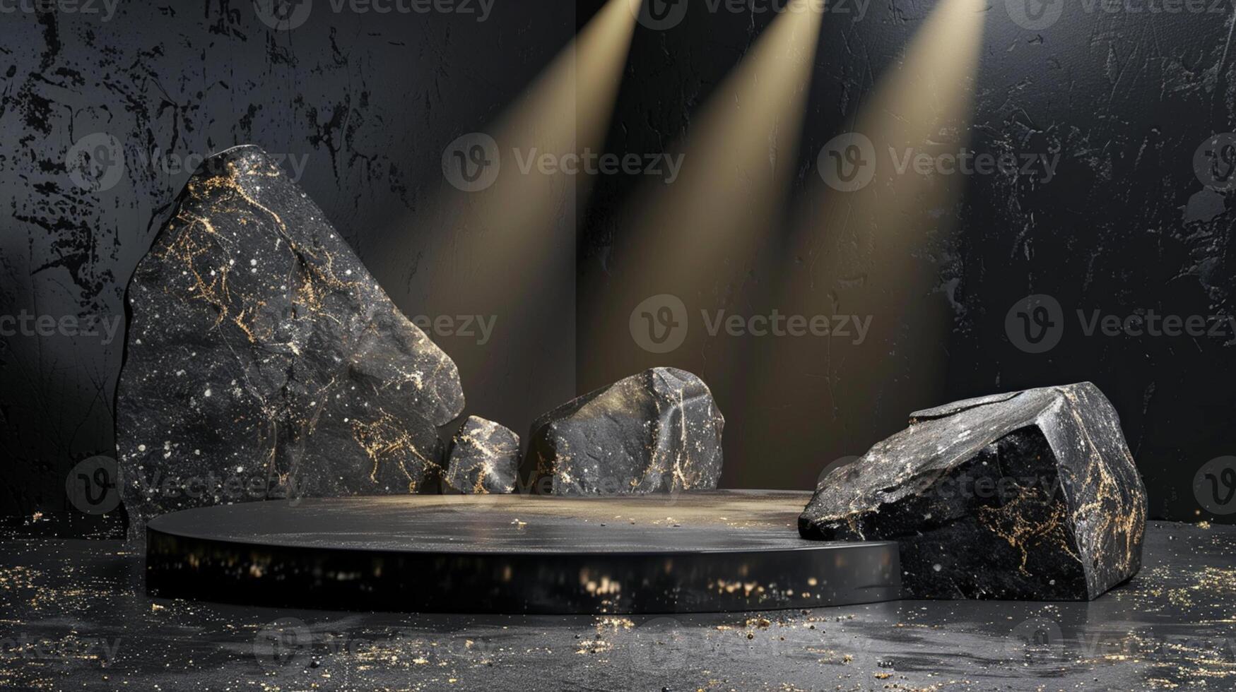 ai generado un negro y oro de un naturaleza mármol plataforma rodeado por rocas el antecedentes es geométrico Roca y rock forma, minimalista Bosquejo para podio monitor escaparate, estudio habitación foto