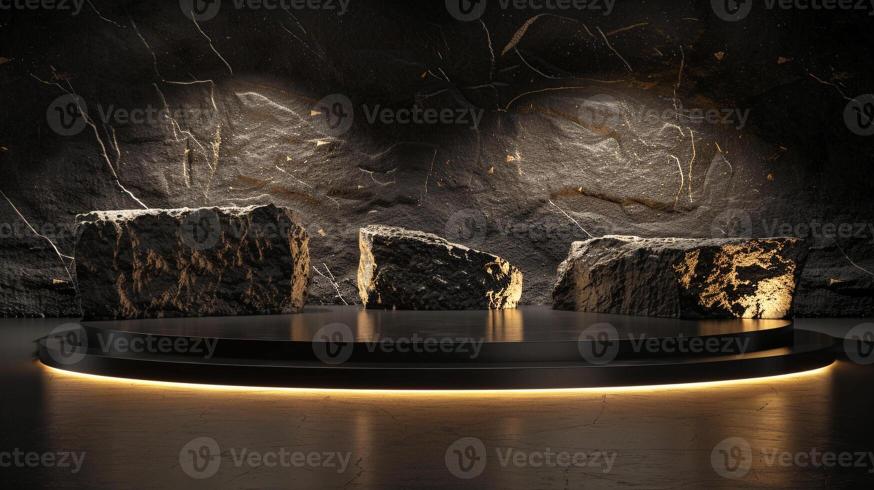 AI generated A black and gold of a nature marble platform surrounded by rocks. The background is geometric Stone and Rock shape, minimalist mockup for podium display showcase, studio room photo