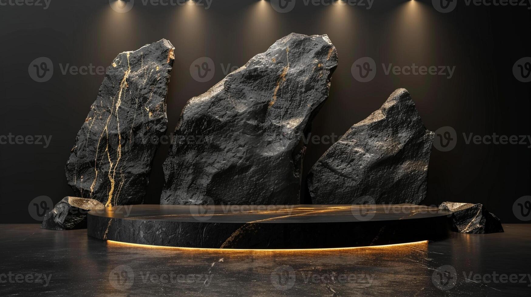 AI generated A black and gold of a nature marble platform surrounded by rocks. The background is geometric Stone and Rock shape, minimalist mockup for podium display showcase, studio room photo