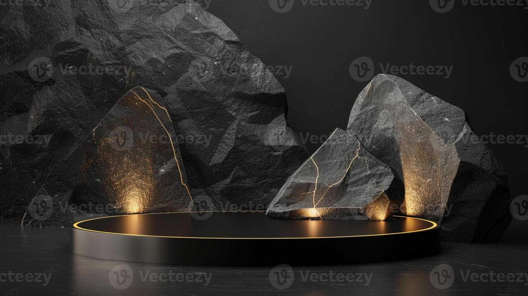 AI generated A black and gold of a nature marble platform surrounded by rocks. The background is geometric Stone and Rock shape, minimalist mockup for podium display showcase, studio room photo