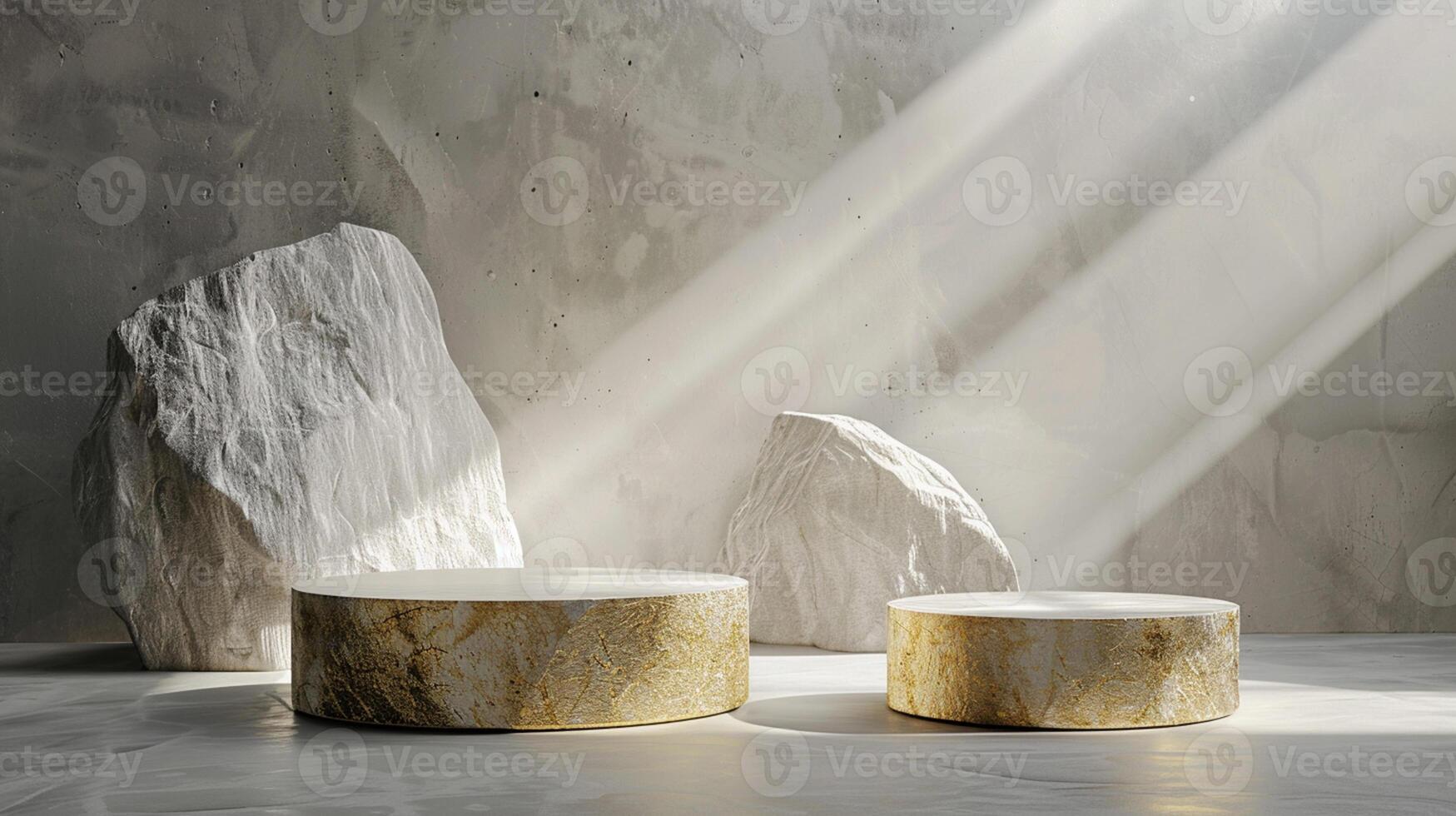 AI generated A white and gold of a nature marble platform surrounded by rocks. The background is geometric Stone and Rock shape, minimalist mockup for podium display showcase, studio room photo