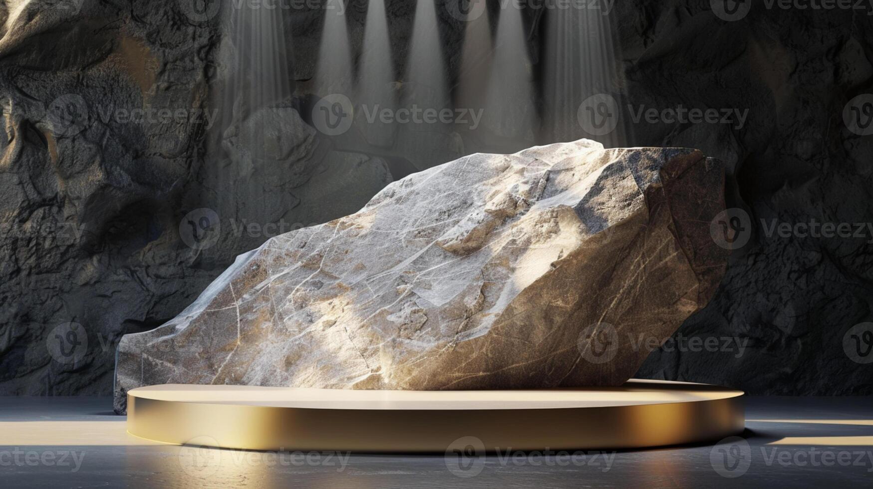 AI generated A white and gold of a nature marble platform surrounded by rocks. The background is geometric Stone and Rock shape, minimalist mockup for podium display showcase, studio room photo