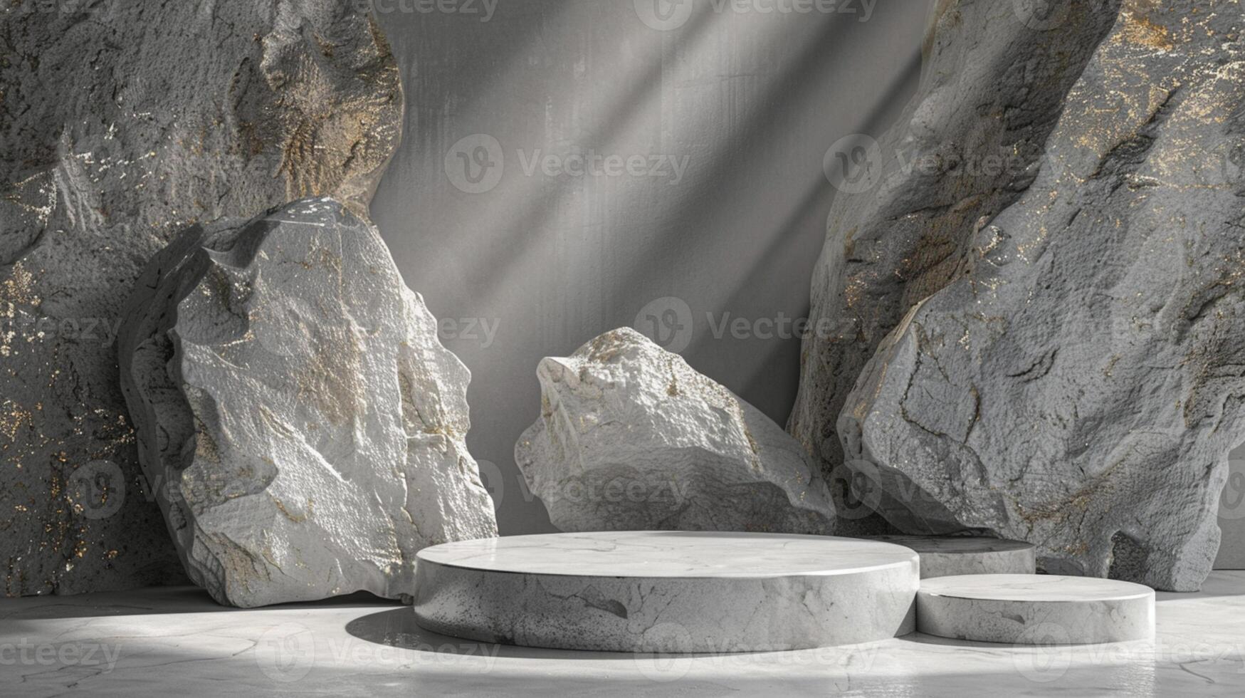 AI generated A white and gold of a nature marble platform surrounded by rocks. The background is geometric Stone and Rock shape, minimalist mockup for podium display showcase, studio room photo