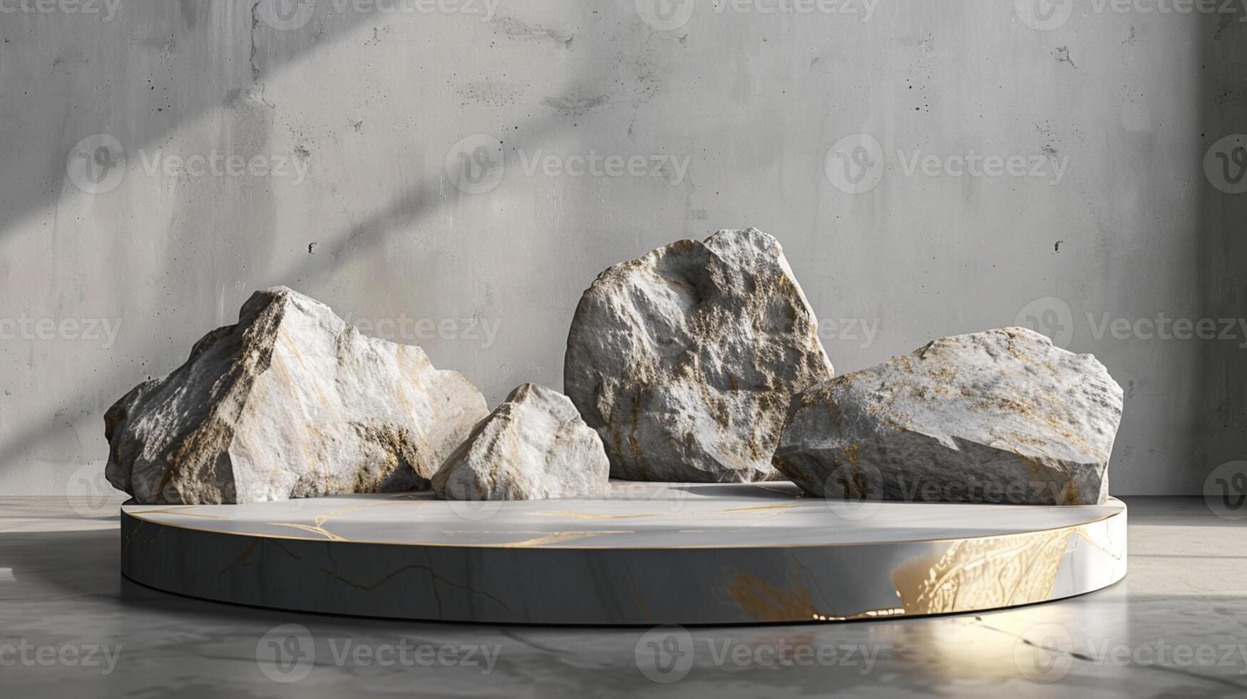 AI generated A white and gold of a nature marble platform surrounded by rocks. The background is geometric Stone and Rock shape, minimalist mockup for podium display showcase, studio room photo