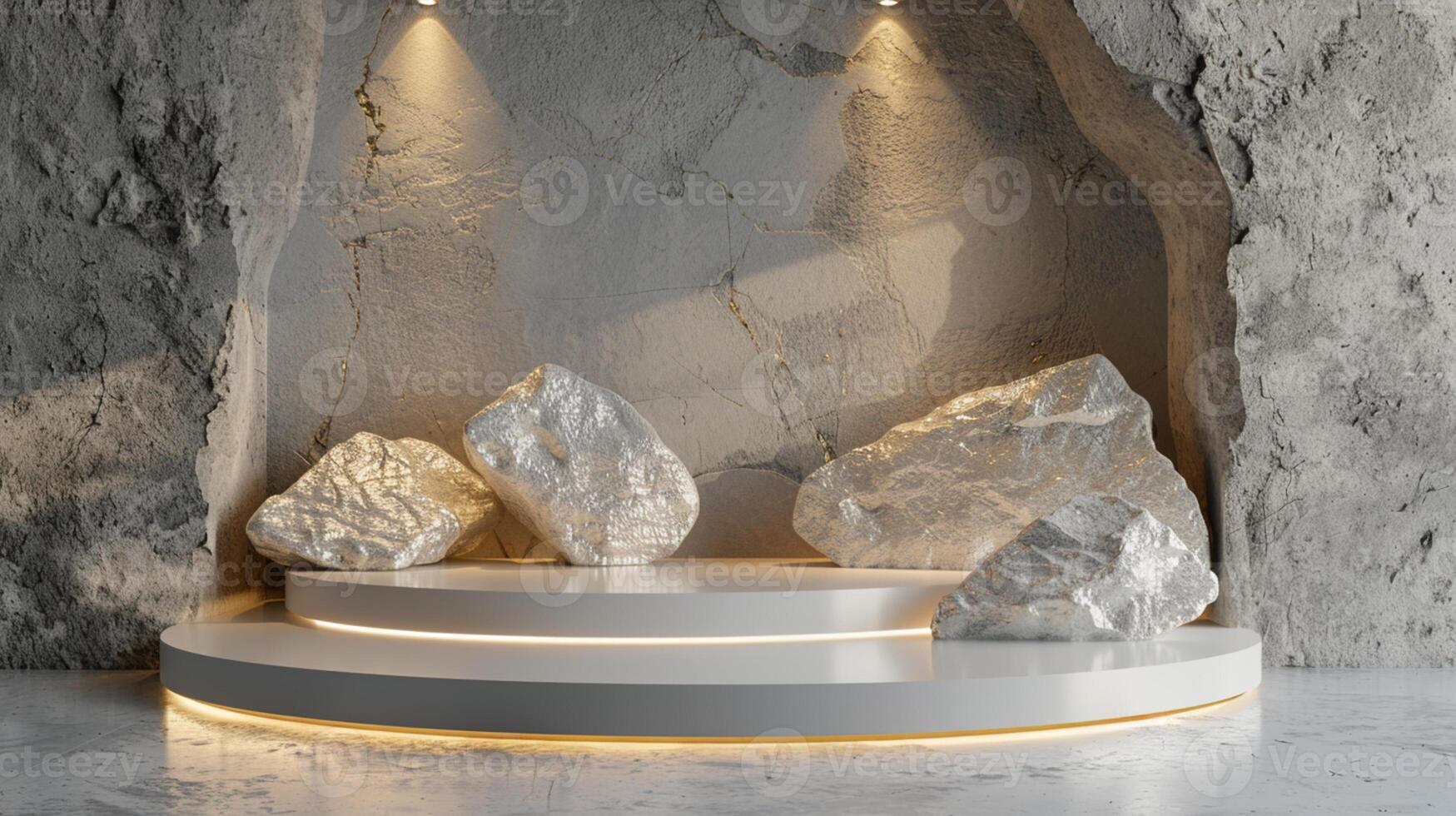 AI generated A white and gold of a nature marble platform surrounded by rocks. The background is geometric Stone and Rock shape, minimalist mockup for podium display showcase, studio room photo