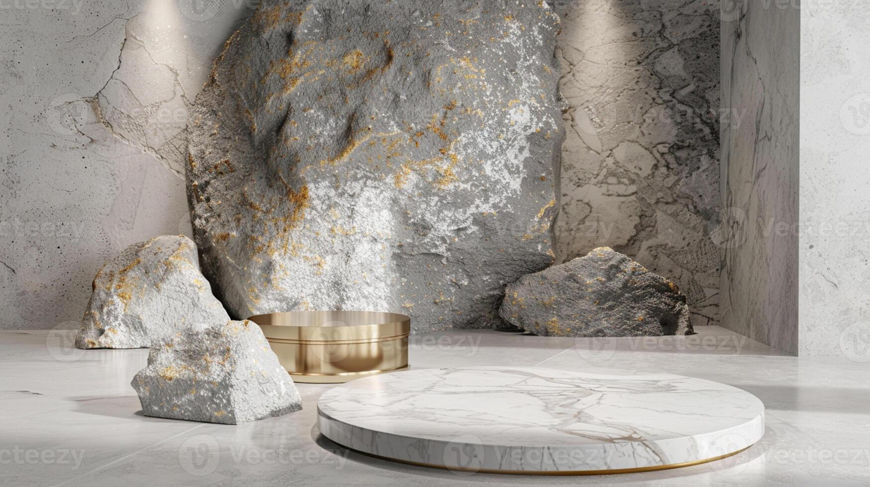 AI generated A white and gold of a nature marble platform surrounded by rocks. The background is geometric Stone and Rock shape, minimalist mockup for podium display showcase, studio room photo