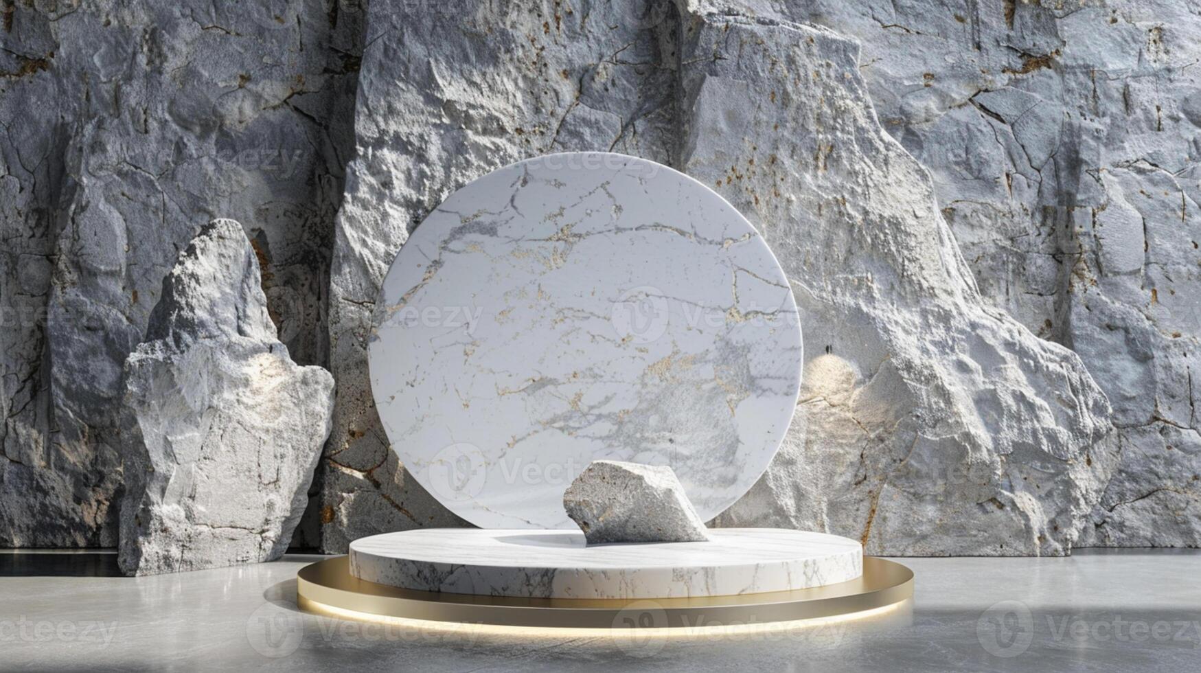 AI generated A white and gold of a nature marble platform surrounded by rocks. The background is geometric Stone and Rock shape, minimalist mockup for podium display showcase, studio room photo