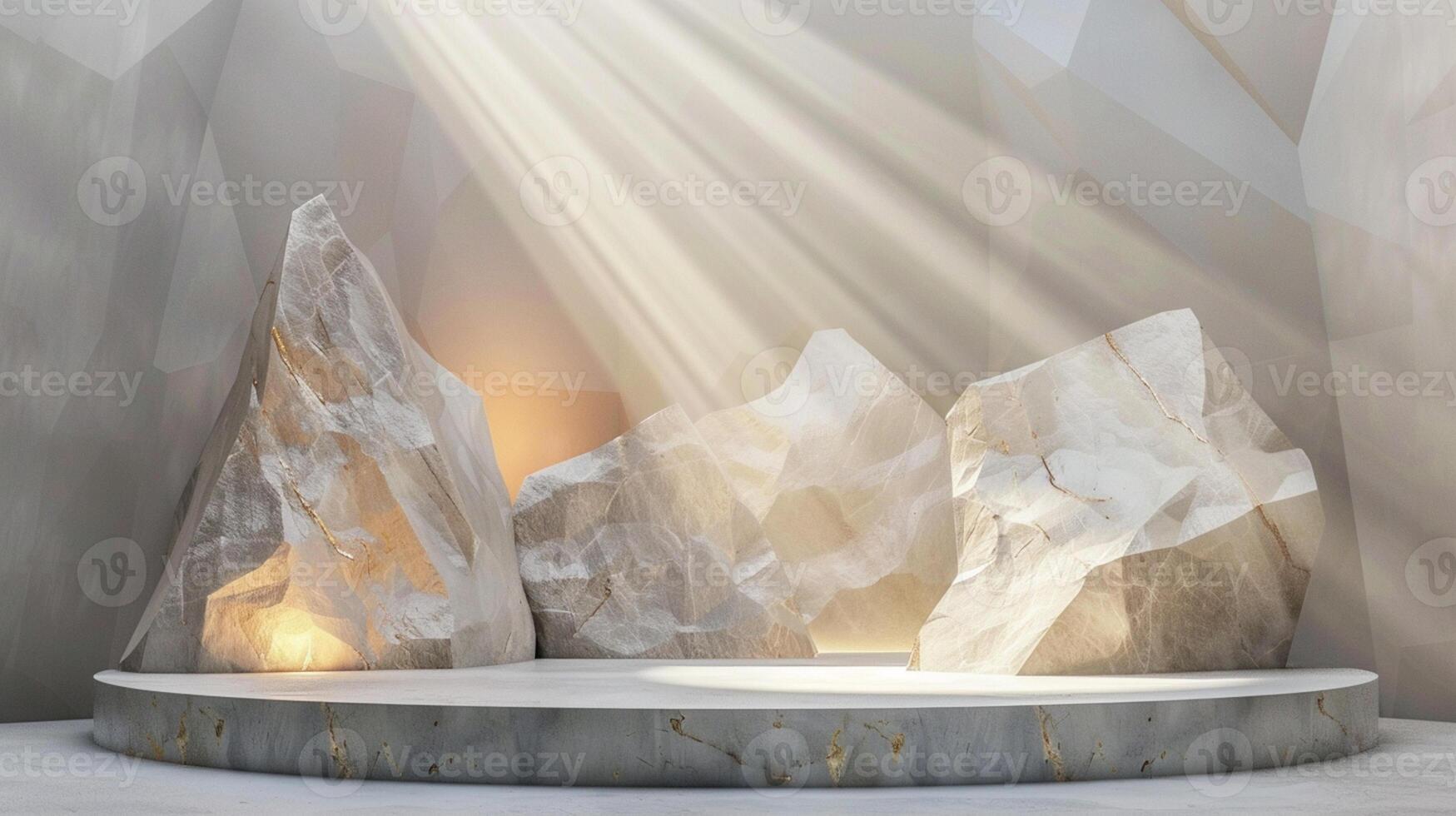 AI generated A white and gold of a nature marble platform surrounded by rocks. The background is geometric Stone and Rock shape, minimalist mockup for podium display showcase, studio room photo