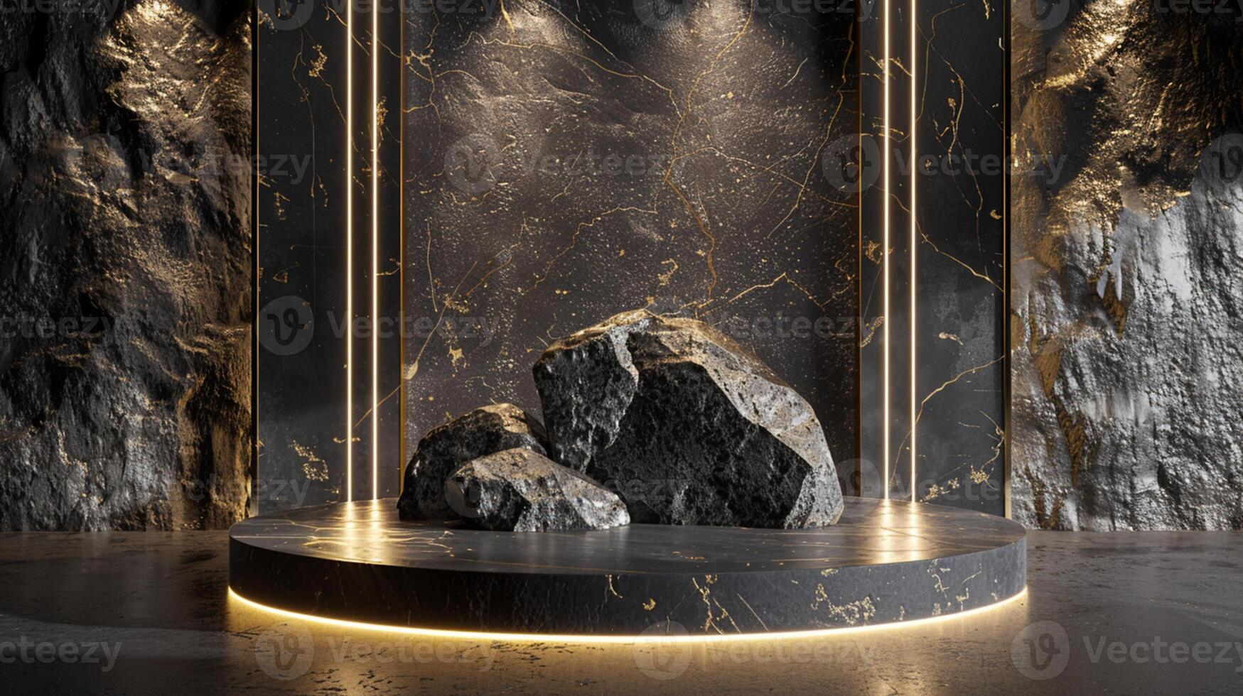 AI generated A black and gold of a nature marble platform surrounded by rocks. The background is geometric Stone and Rock shape, minimalist mockup for podium display showcase, studio room photo