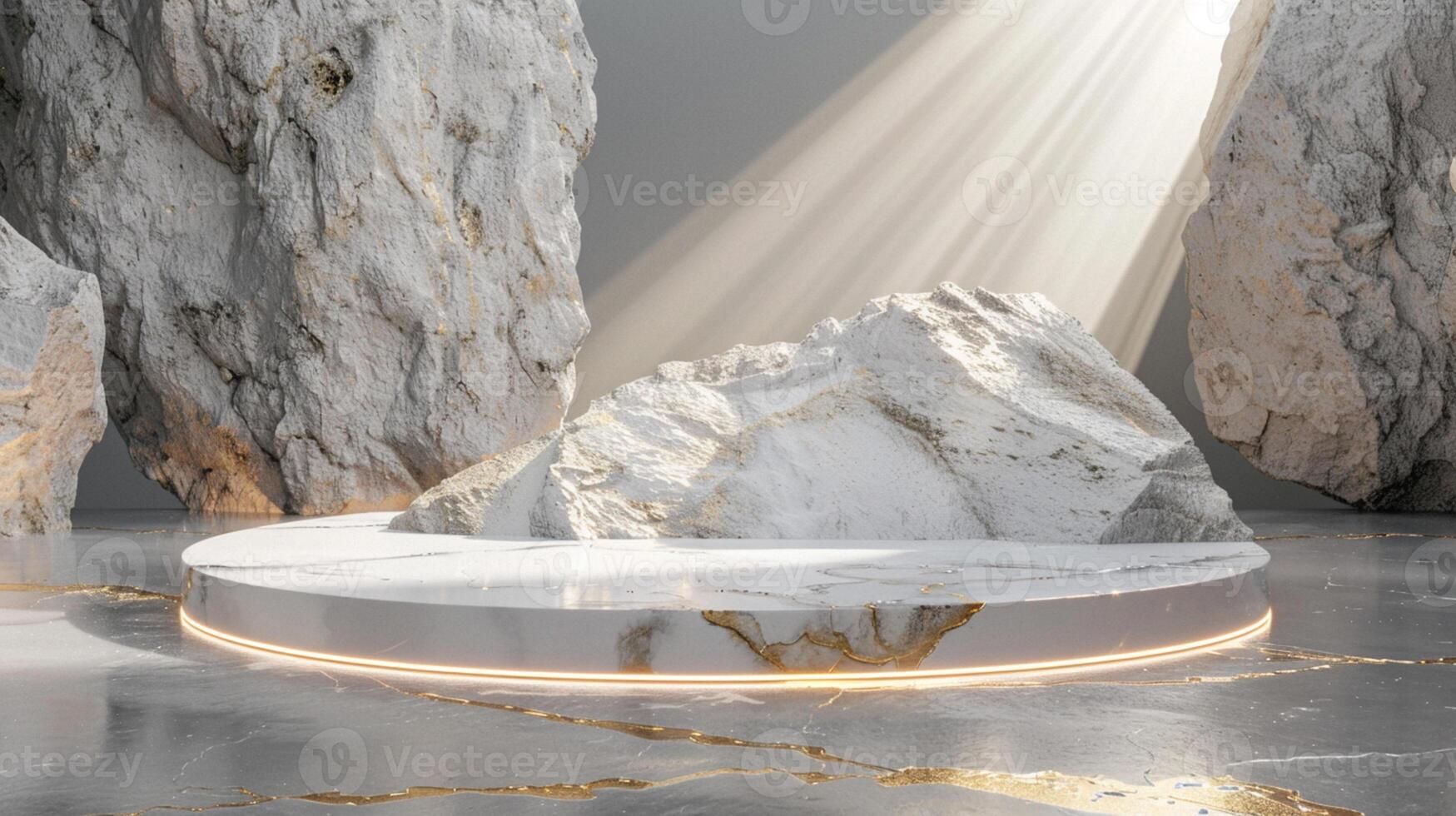 AI generated A white and gold of a nature marble platform surrounded by rocks. The background is geometric Stone and Rock shape, minimalist mockup for podium display showcase, studio room photo