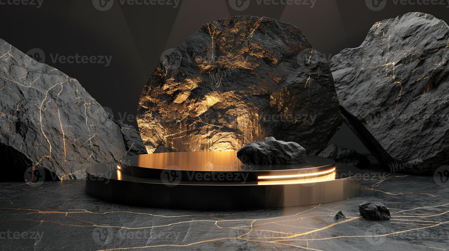 AI generated A black and gold of a nature marble platform surrounded by rocks. The background is geometric Stone and Rock shape, minimalist mockup for podium display showcase, studio room photo