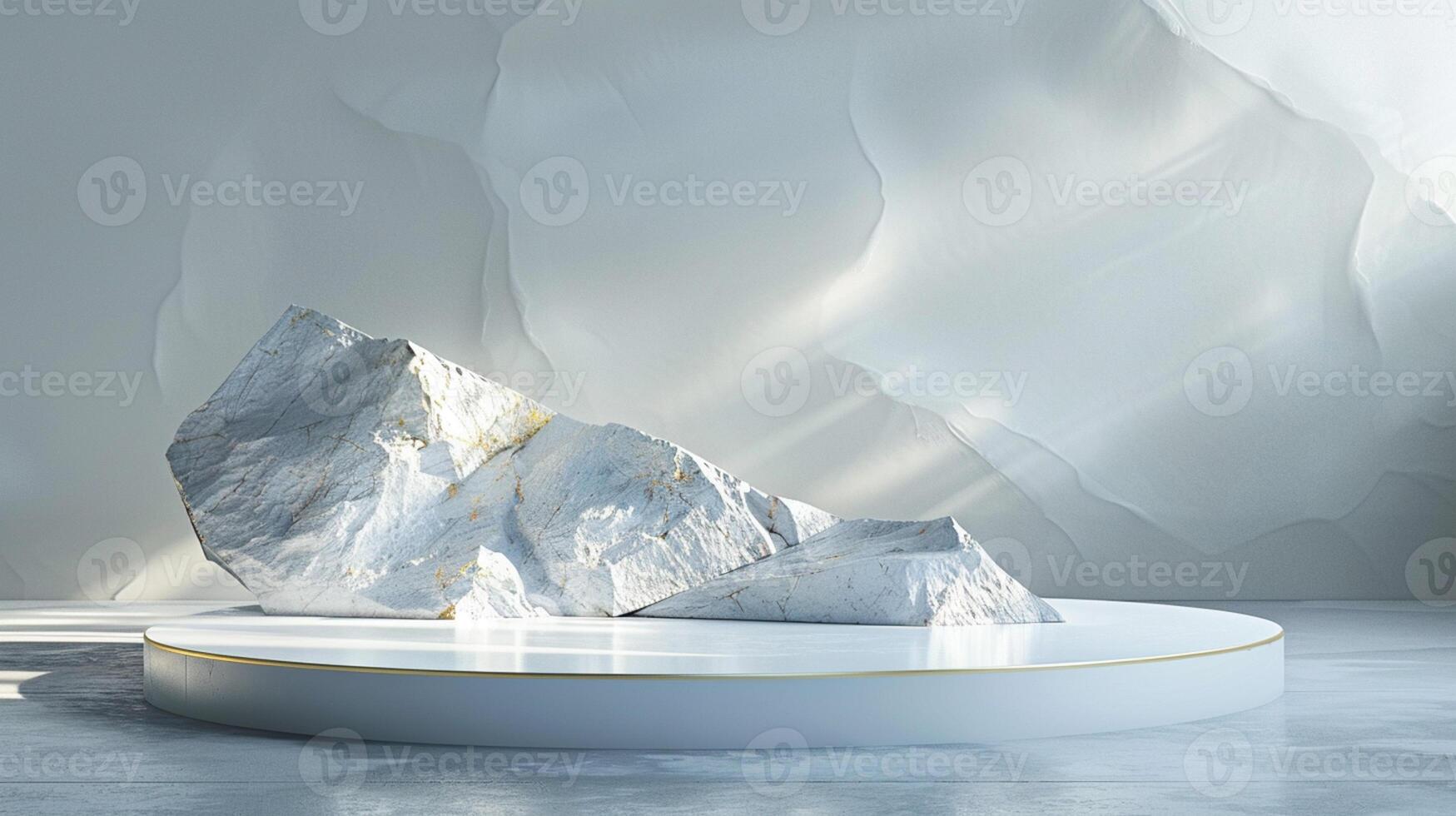 AI generated A white and gold of a nature marble platform surrounded by rocks. The background is geometric Stone and Rock shape, minimalist mockup for podium display showcase, studio room photo