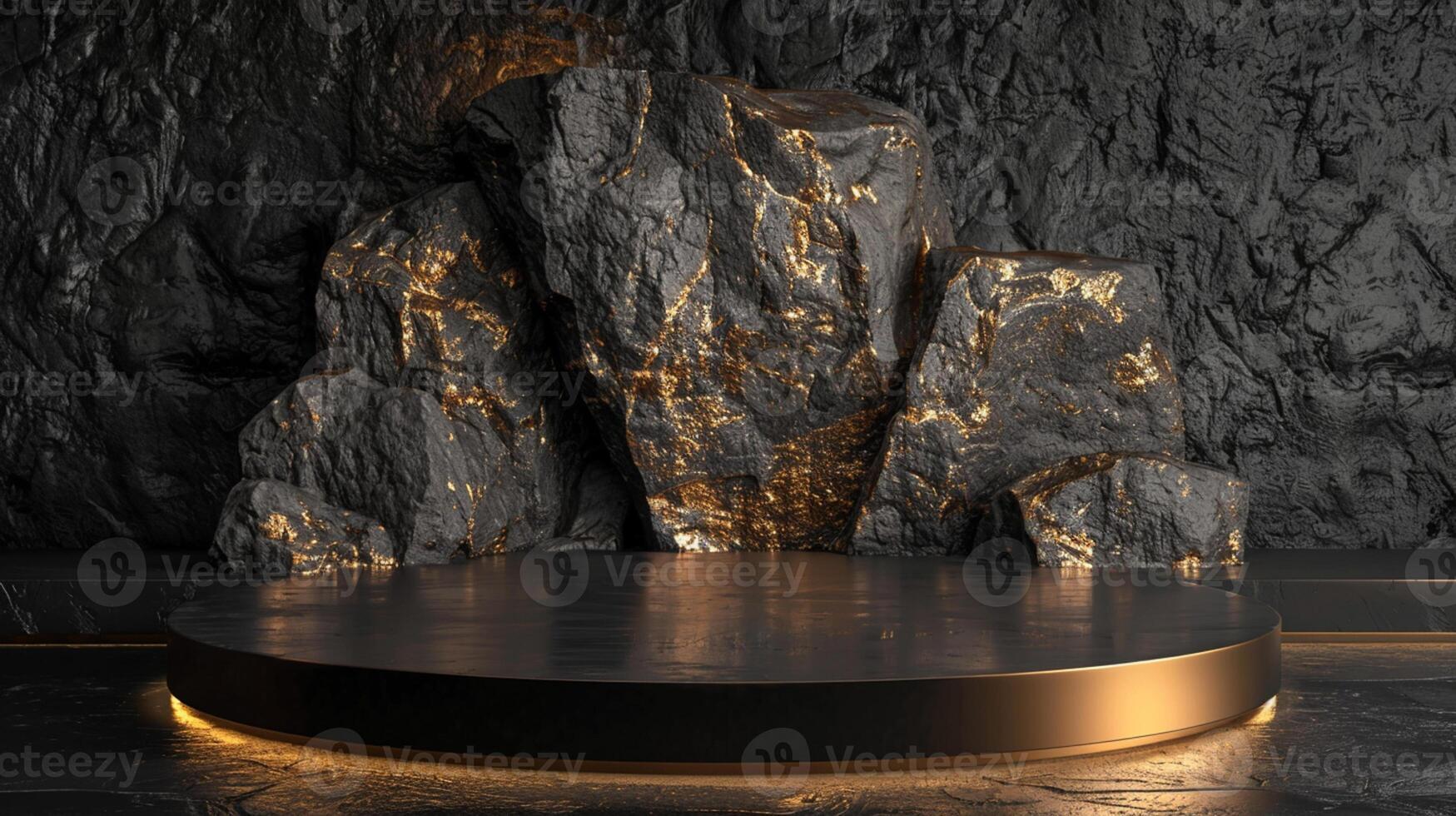 AI generated A black and gold of a nature marble platform surrounded by rocks. The background is geometric Stone and Rock shape, minimalist mockup for podium display showcase, studio room photo
